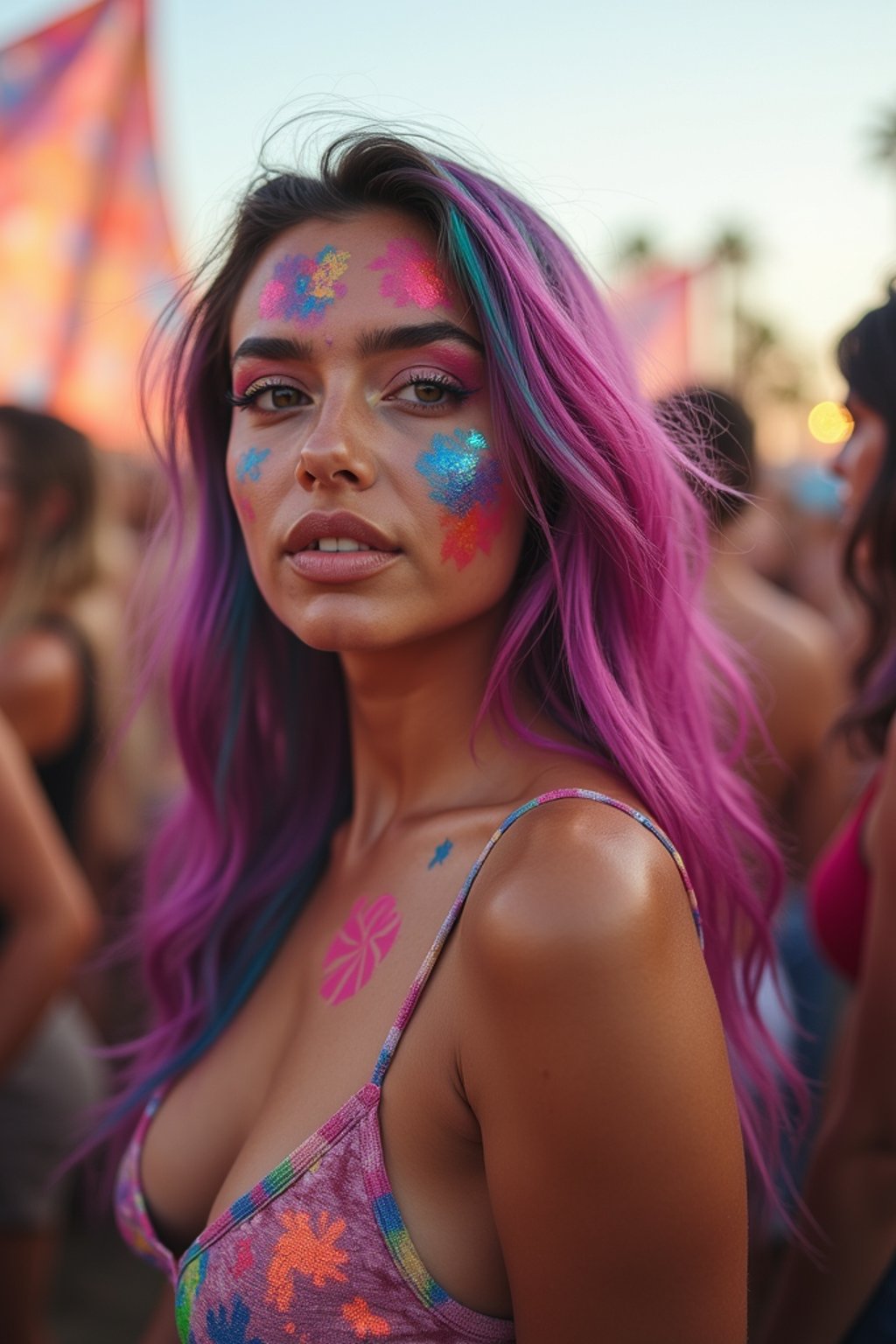 a woman with colorful festival makeup , standing out in the crowd and embracing the festival's vibrant atmosphere