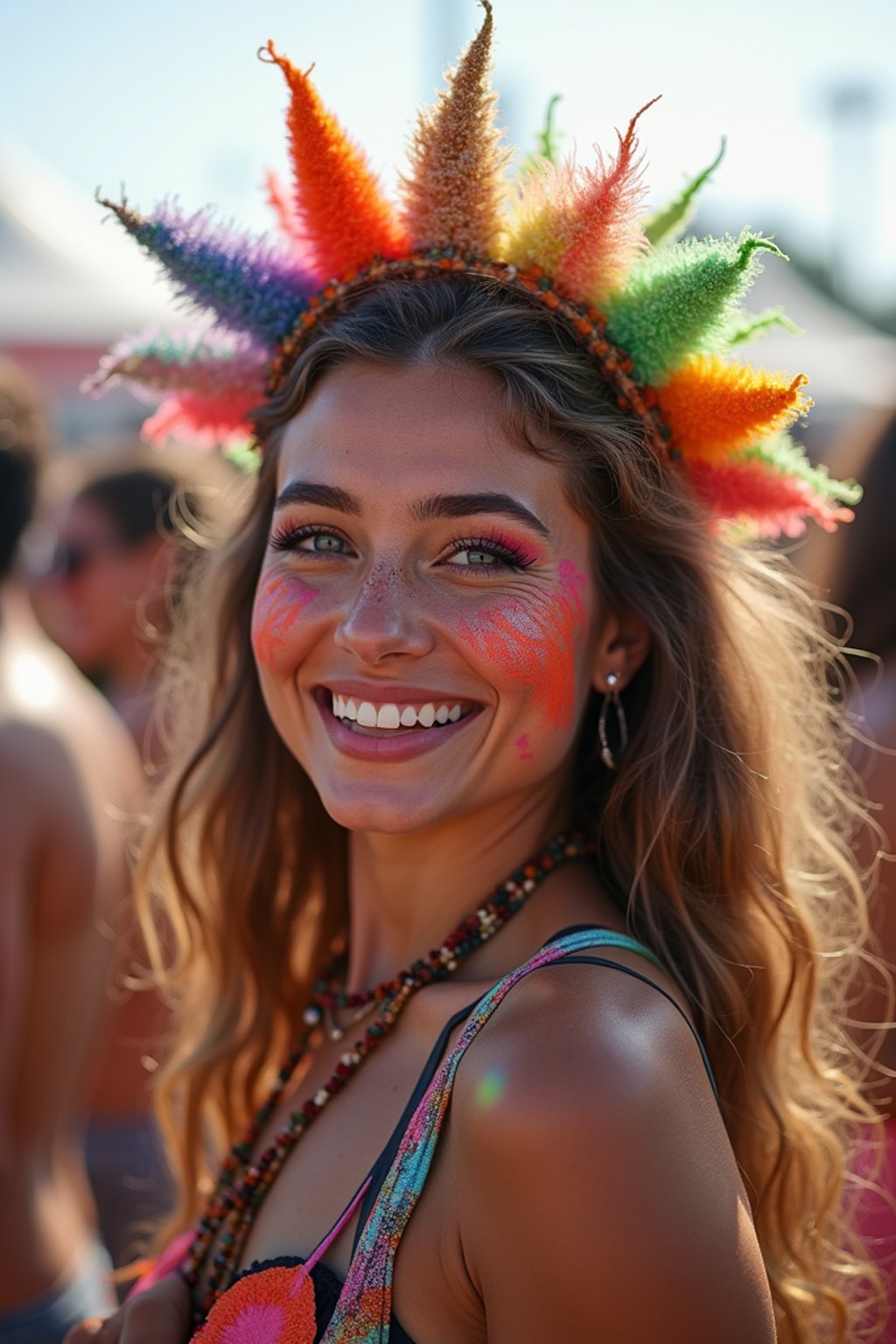 a woman with colorful festival makeup , standing out in the crowd and embracing the festival's vibrant atmosphere