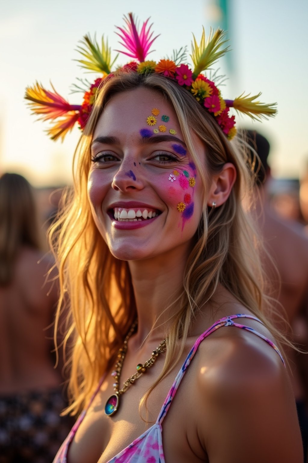 a woman with colorful festival makeup , standing out in the crowd and embracing the festival's vibrant atmosphere