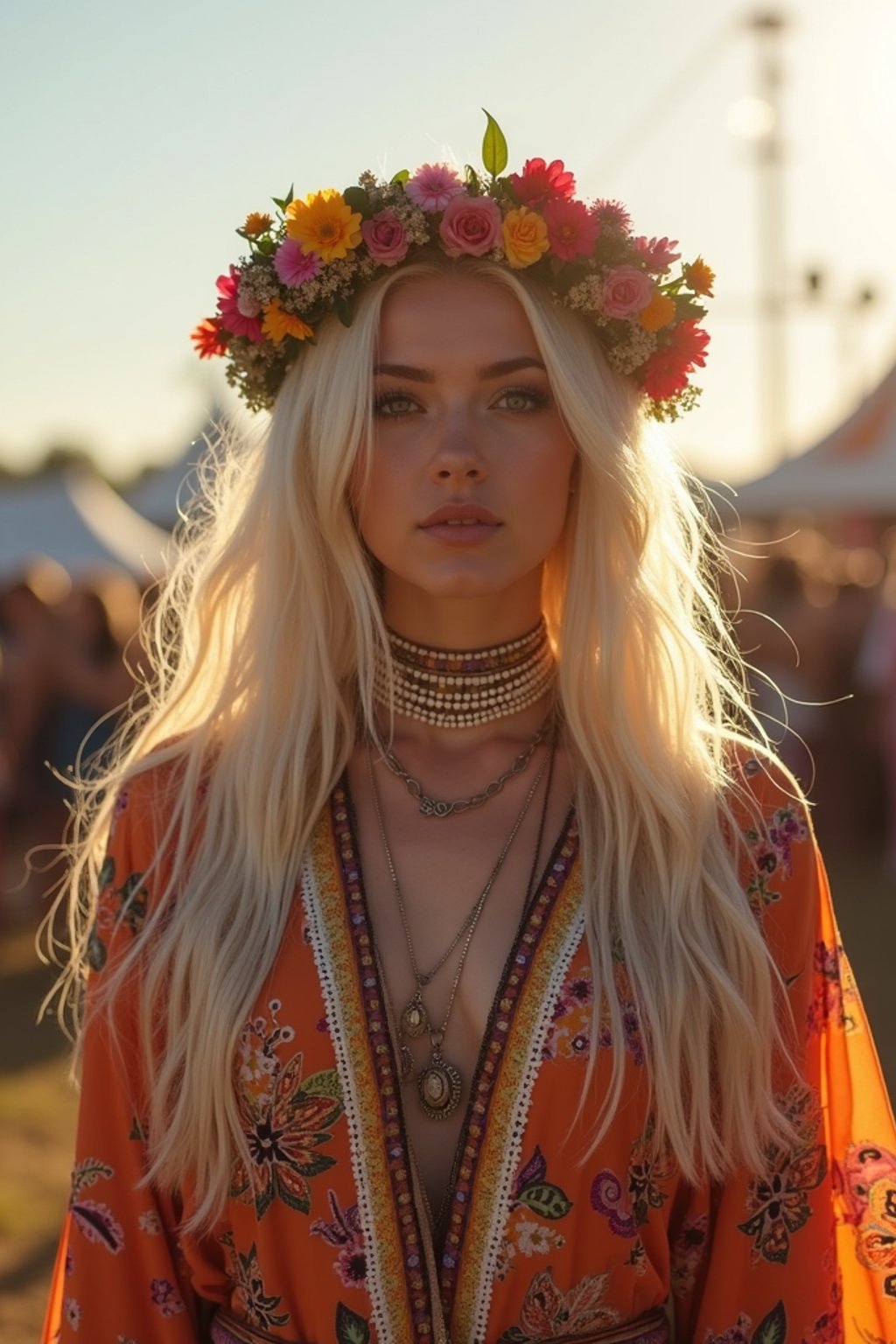 a stunning woman in a flowy kimono and flower crown , embodying the fusion of bohemian and rock n roll styles at the festival