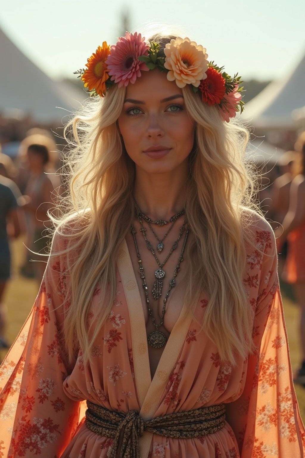 a stunning woman in a flowy kimono and flower crown , embodying the fusion of bohemian and rock n roll styles at the festival