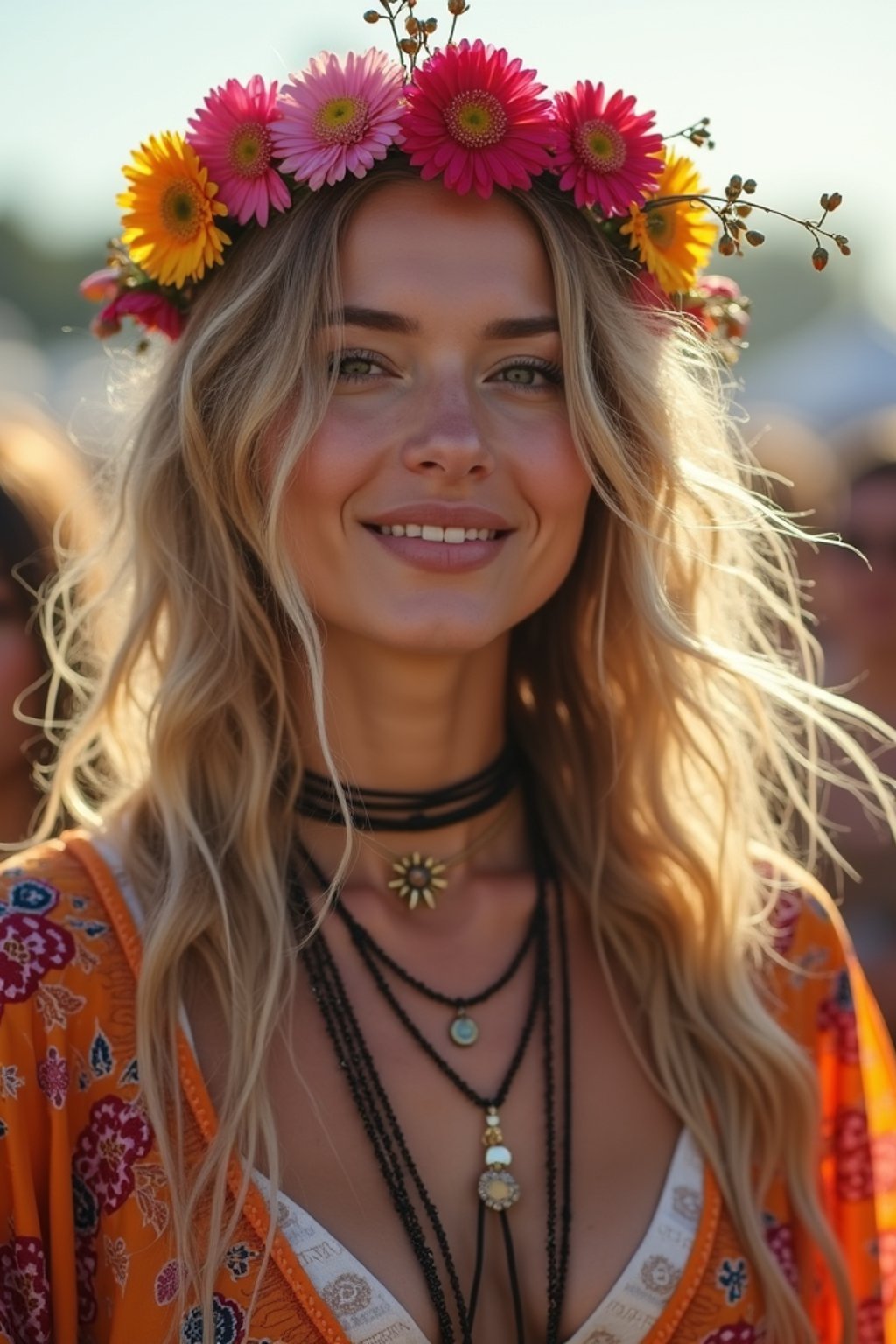 a stunning woman in a flowy kimono and flower crown , embodying the fusion of bohemian and rock n roll styles at the festival