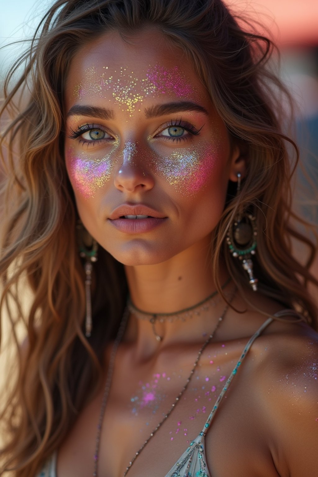 a woman with glittery makeup and body paint , capturing the artistic and expressive side of the music festival experience