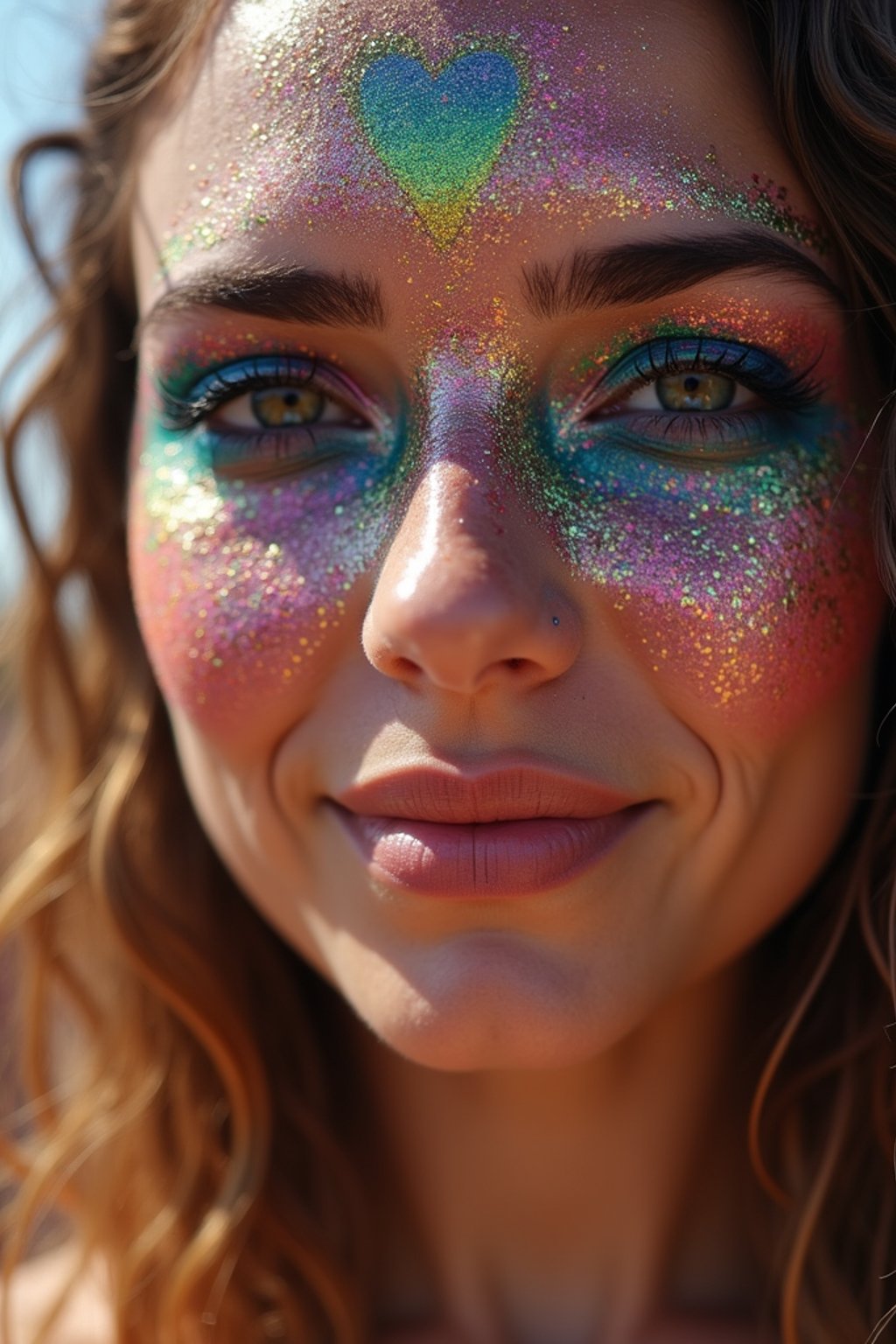 a woman with glittery makeup and body paint , capturing the artistic and expressive side of the music festival experience