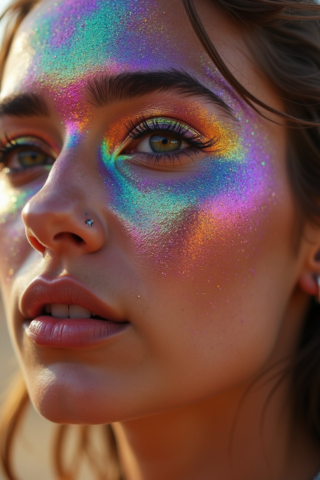 a woman with glittery makeup and body paint , capturing the artistic and expressive side of the music festival experience