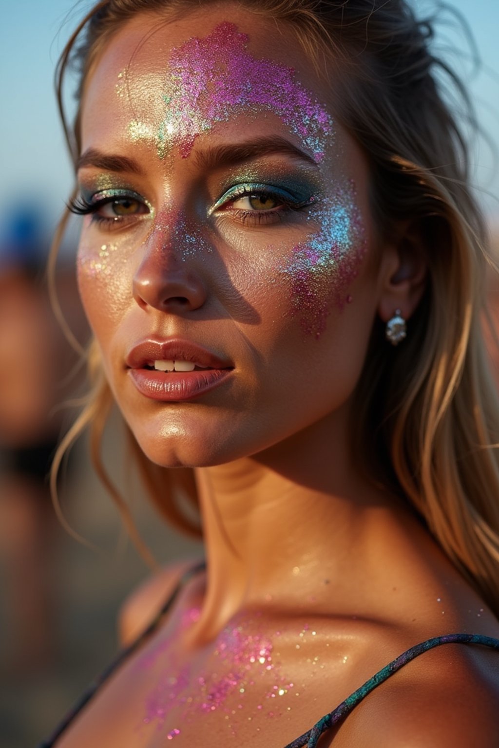 a woman with glittery makeup and body paint , capturing the artistic and expressive side of the music festival experience