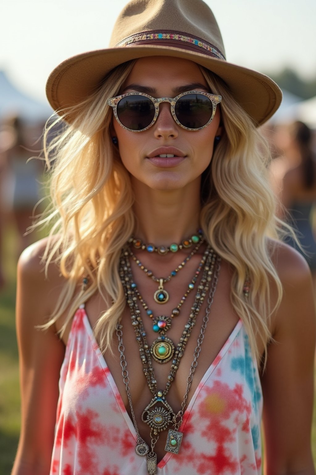 a stunning woman in a tie-dye jumpsuit and statement accessories , capturing their eclectic and fashionable festival look