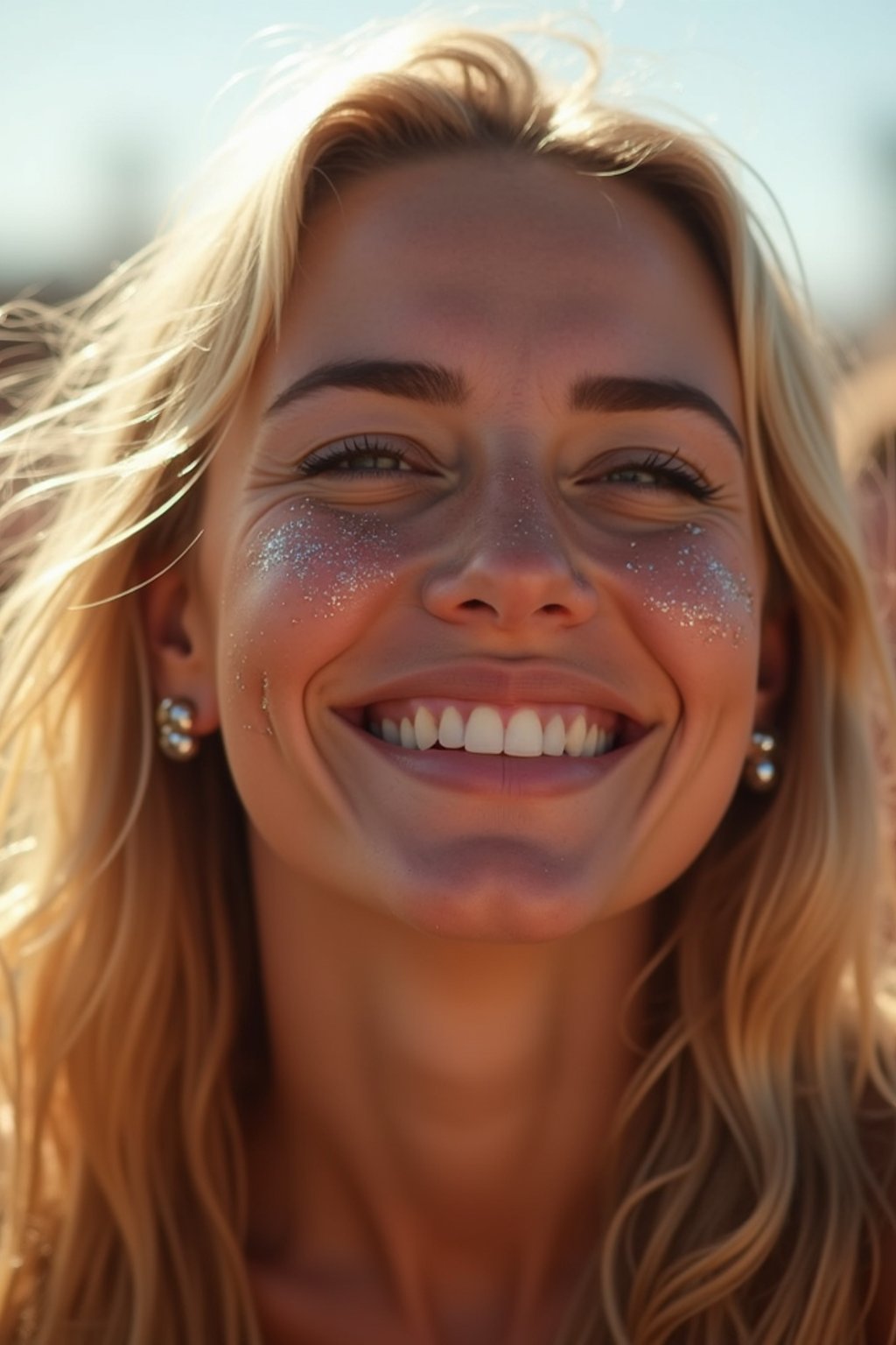 a woman enjoying a live performance on a sunny day, with glitter on their face , radiating the joy and excitement of the festival