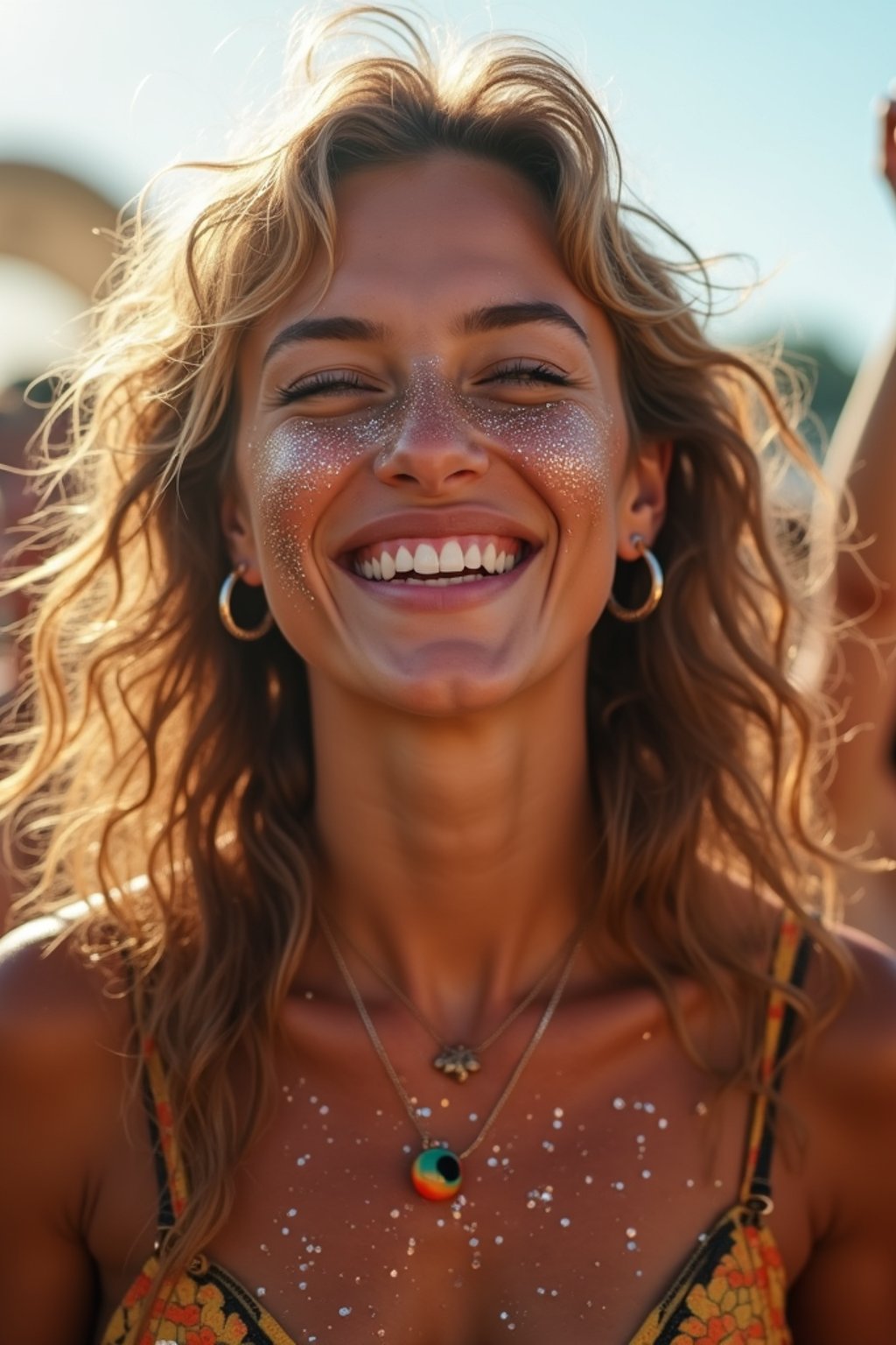 a woman enjoying a live performance on a sunny day, with glitter on their face , radiating the joy and excitement of the festival