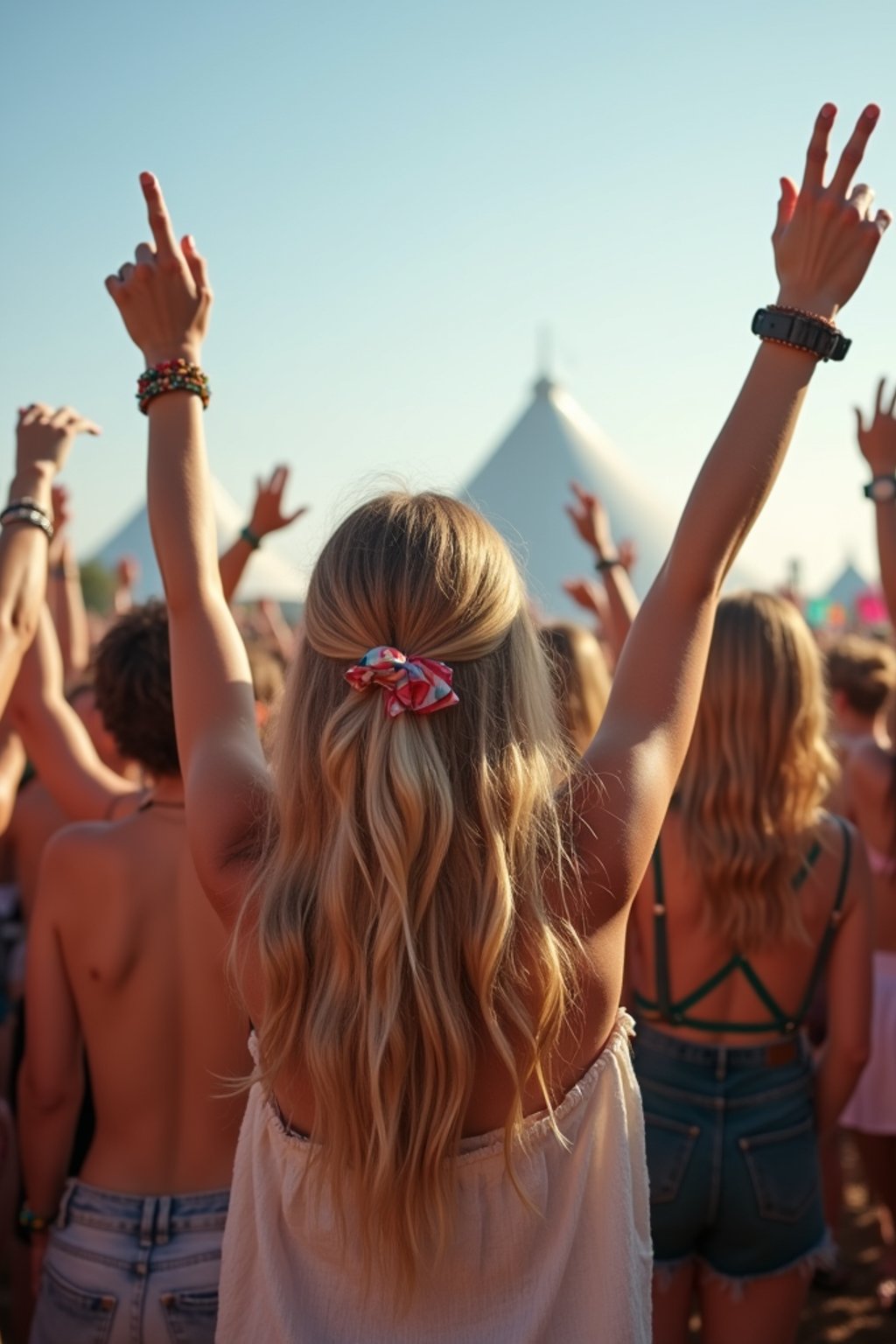 a woman enjoying the live music on a sunny day, surrounded by colorful festival-goers  and raising their hands in excitement