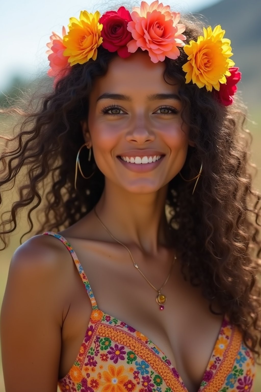 a stunning woman with flowing curly hair and flower accessories , capturing the essence of festival fashion and individuality