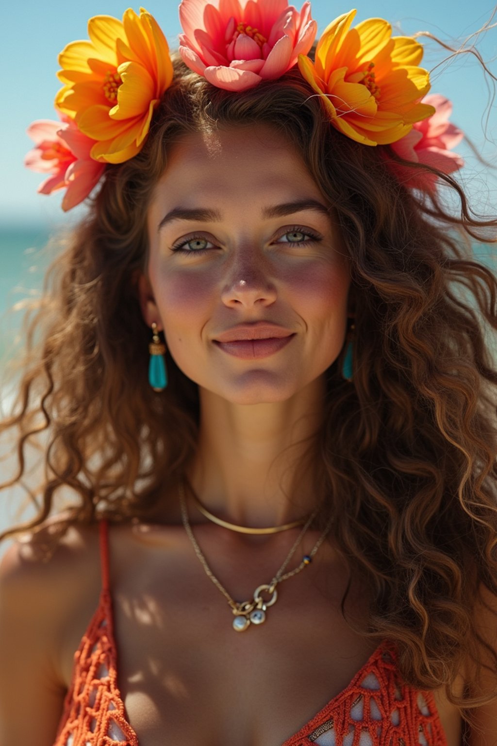 a stunning woman with flowing curly hair and flower accessories , capturing the essence of festival fashion and individuality