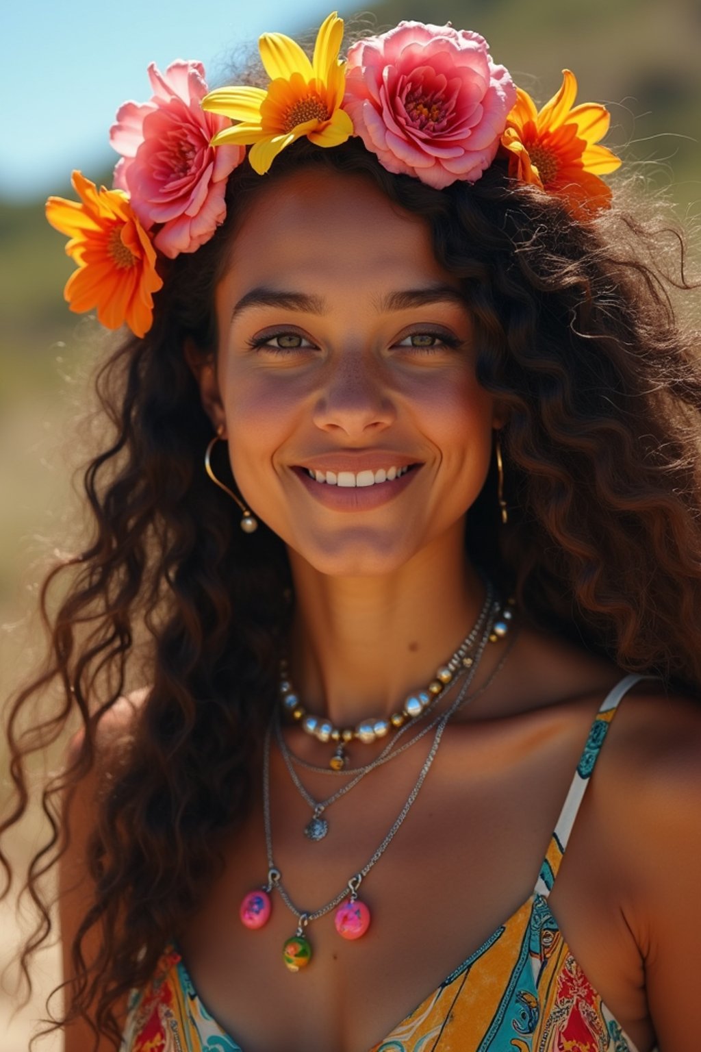 a stunning woman with flowing curly hair and flower accessories , capturing the essence of festival fashion and individuality