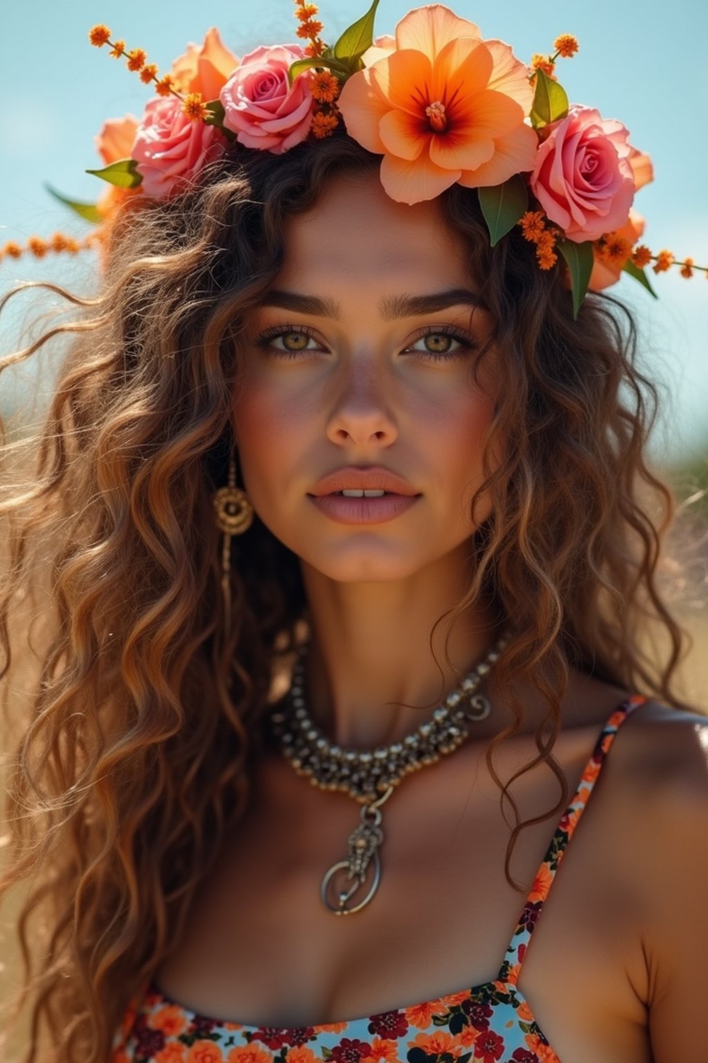 a stunning woman with flowing curly hair and flower accessories , capturing the essence of festival fashion and individuality