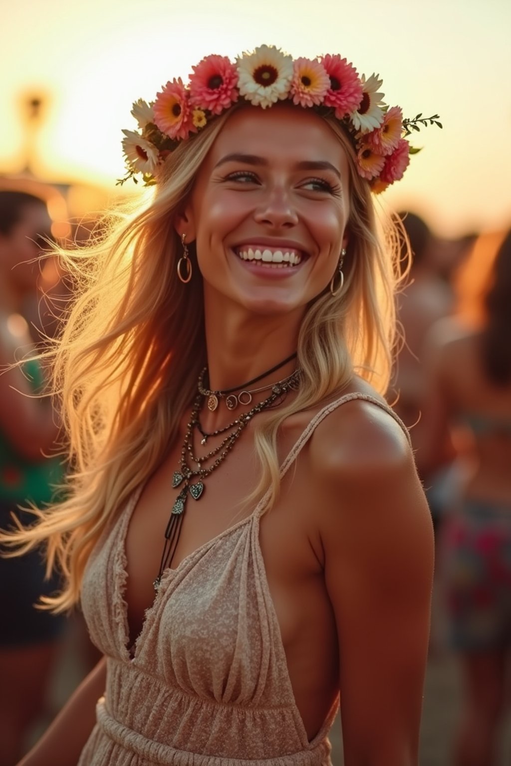 a stunning woman as a festival-goer, dancing and enjoying the music in a vibrant crowd, wearing a boho chic dress and flower crown