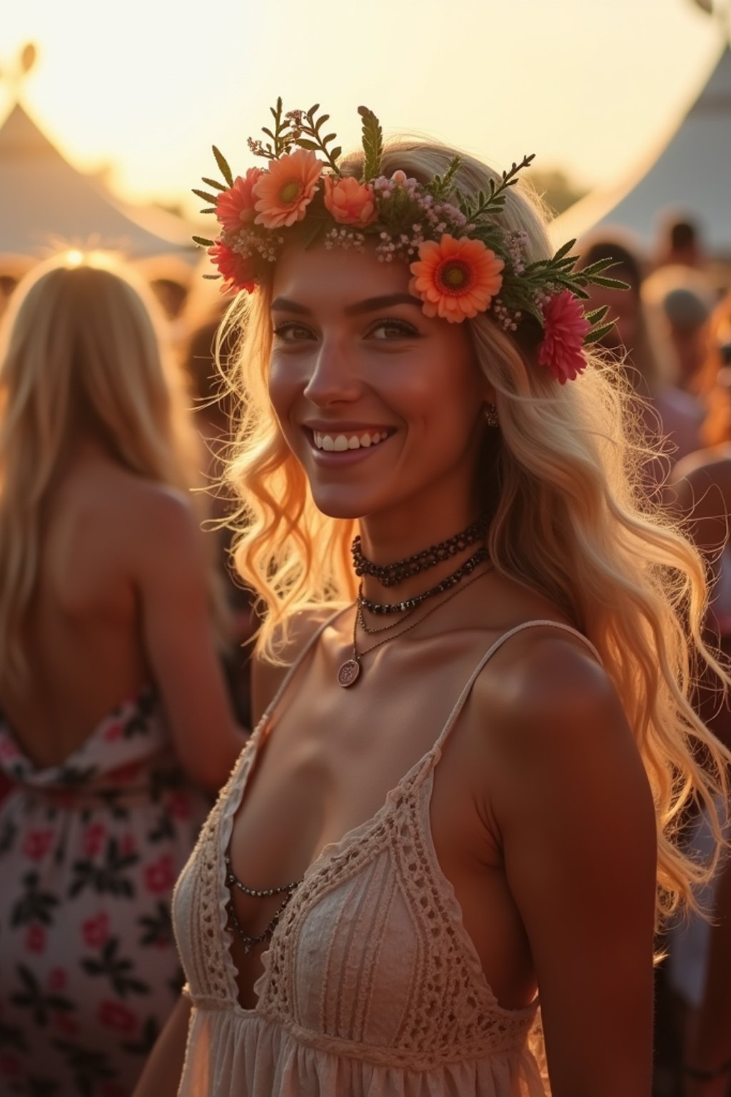 a stunning woman as a festival-goer, dancing and enjoying the music in a vibrant crowd, wearing a boho chic dress and flower crown