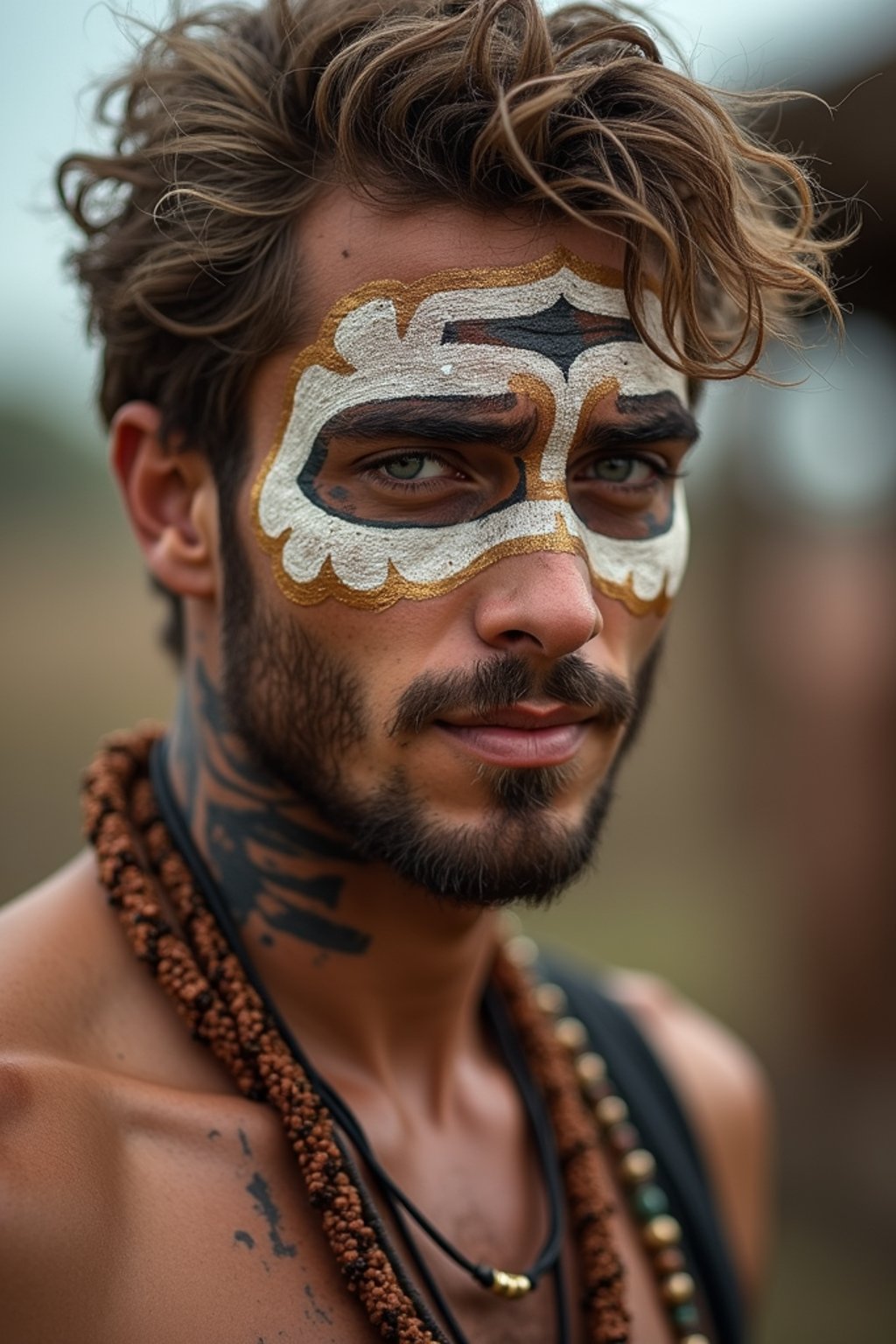 a man with  a tribal face paint design, adding an element of tribal and cultural inspiration to their festival look