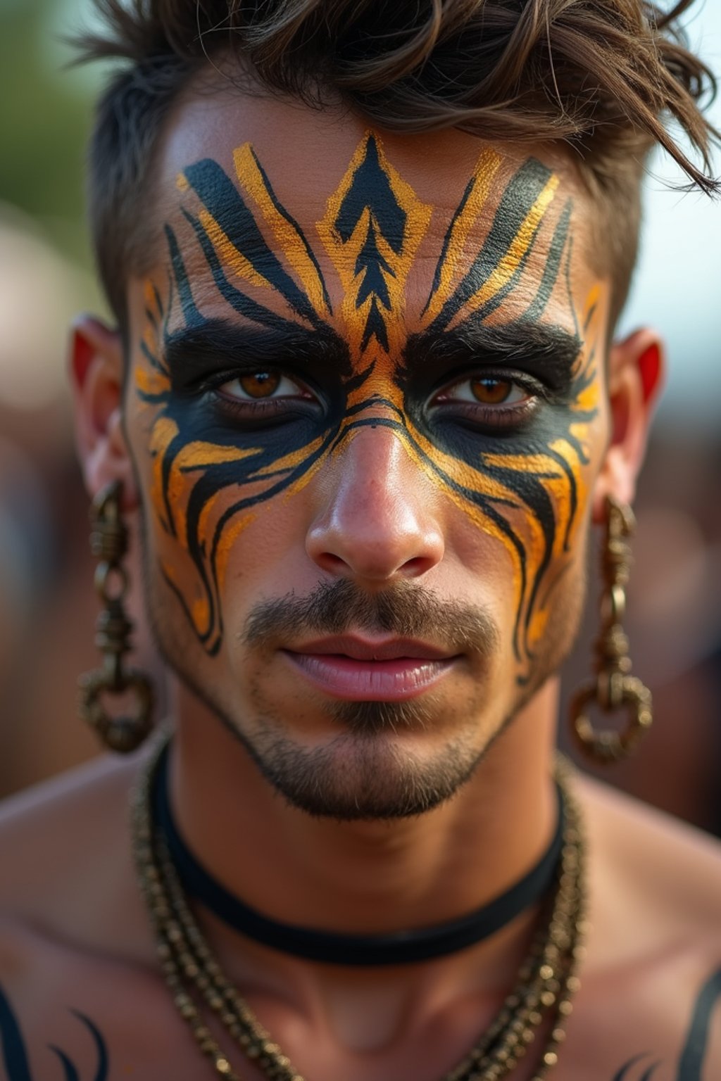 a man with  a tribal face paint design, adding an element of tribal and cultural inspiration to their festival look