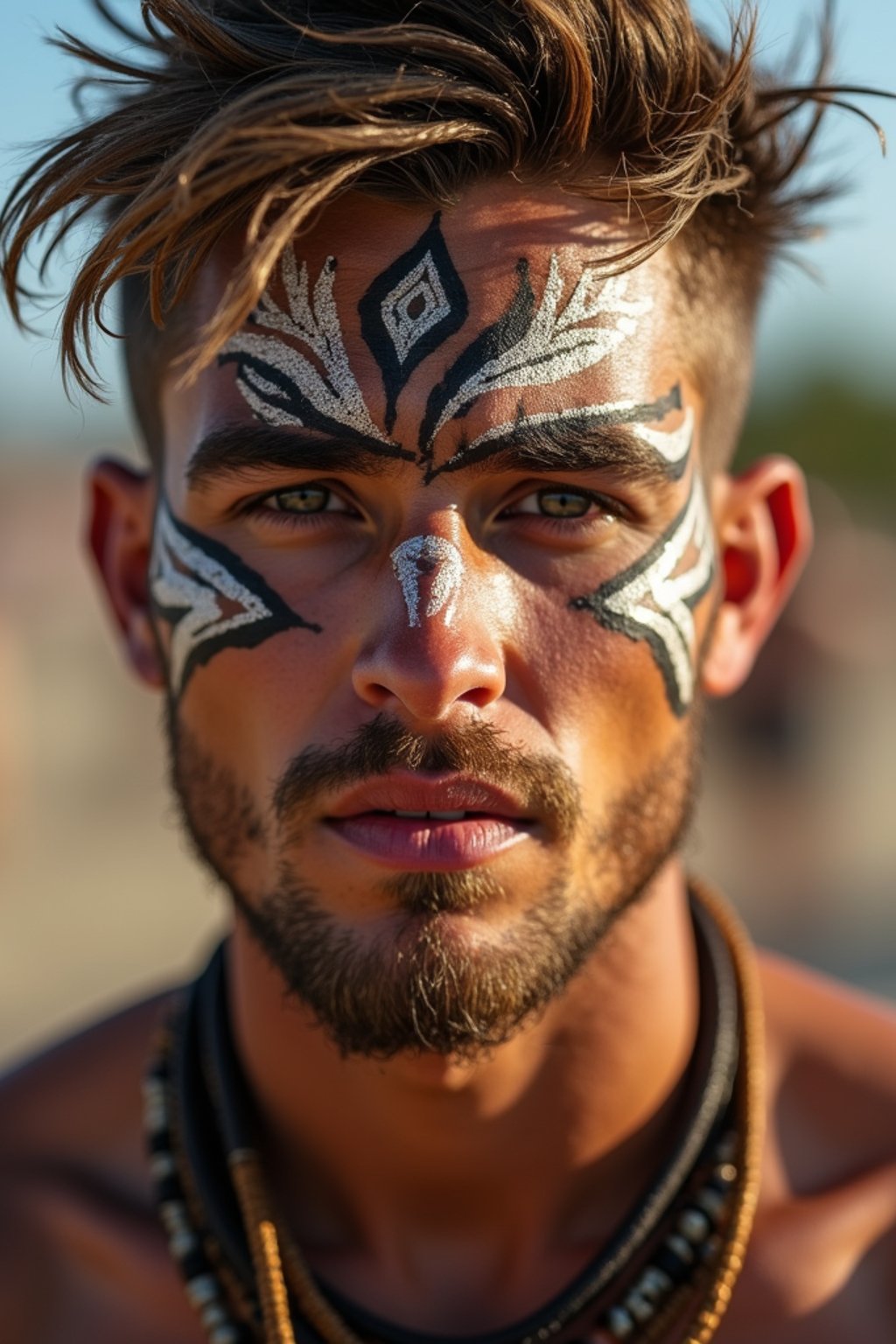 a man with  a tribal face paint design, adding an element of tribal and cultural inspiration to their festival look