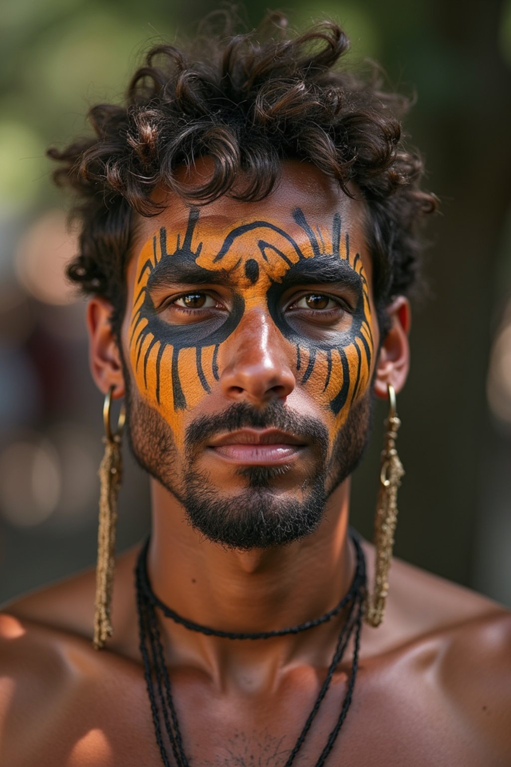 a man with  a tribal face paint design, adding an element of tribal and cultural inspiration to their festival look