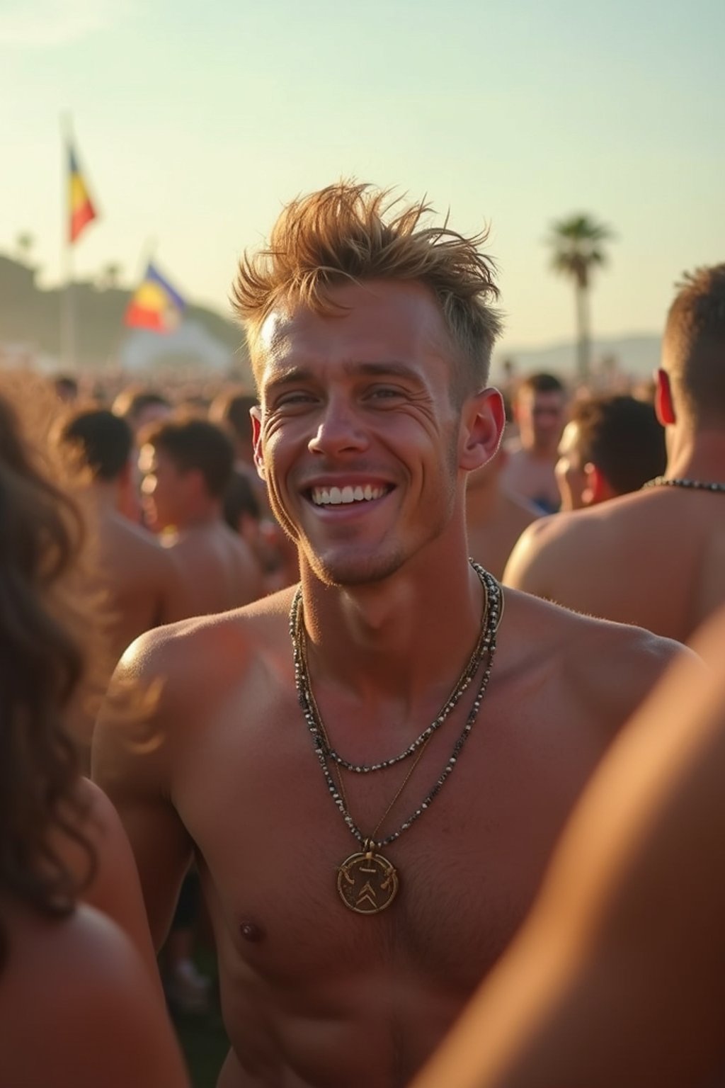 a stunning man surrounded by  a crowd of fellow festival-goers, capturing the sense of community and celebration at the festival