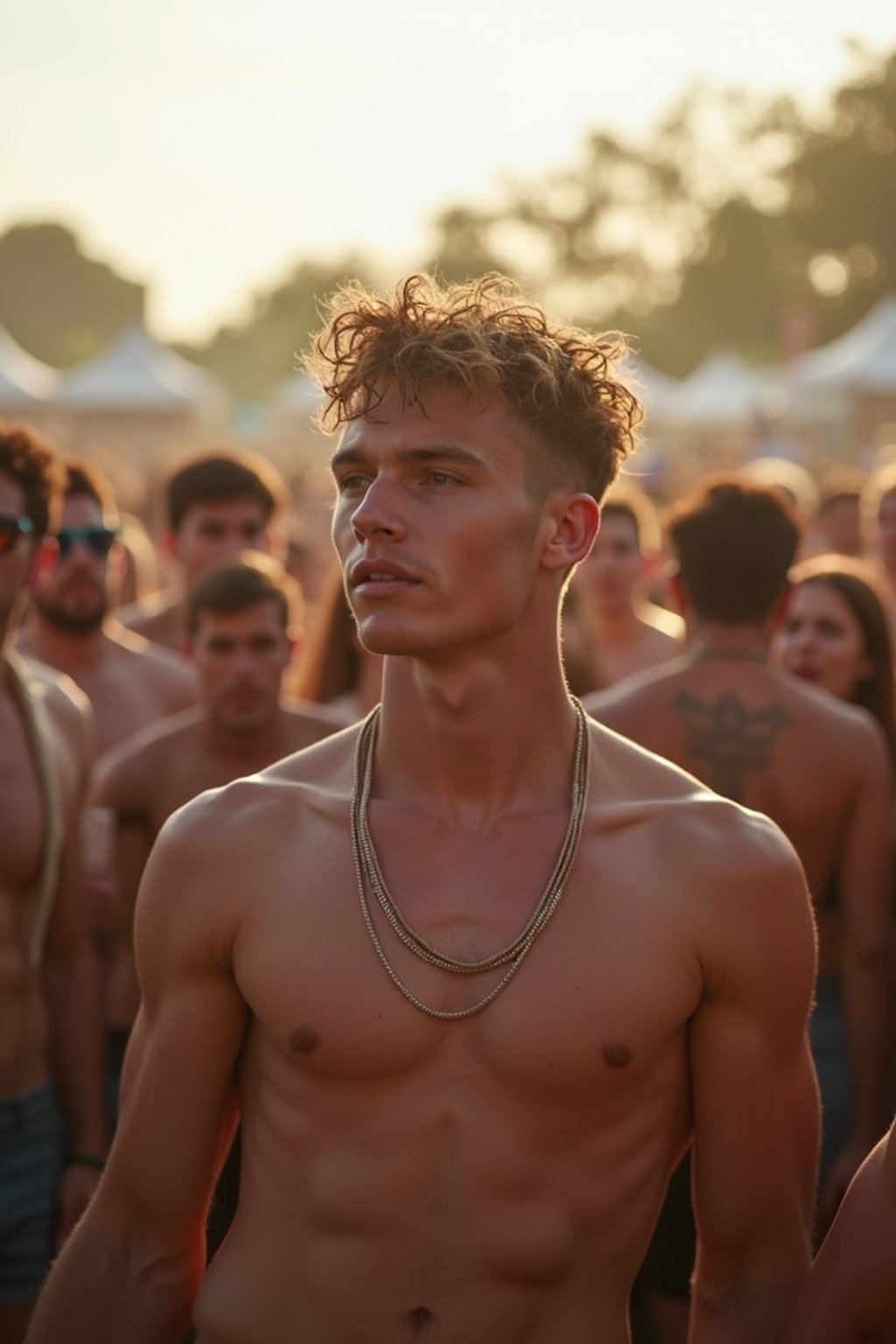 a stunning man surrounded by  a crowd of fellow festival-goers, capturing the sense of community and celebration at the festival