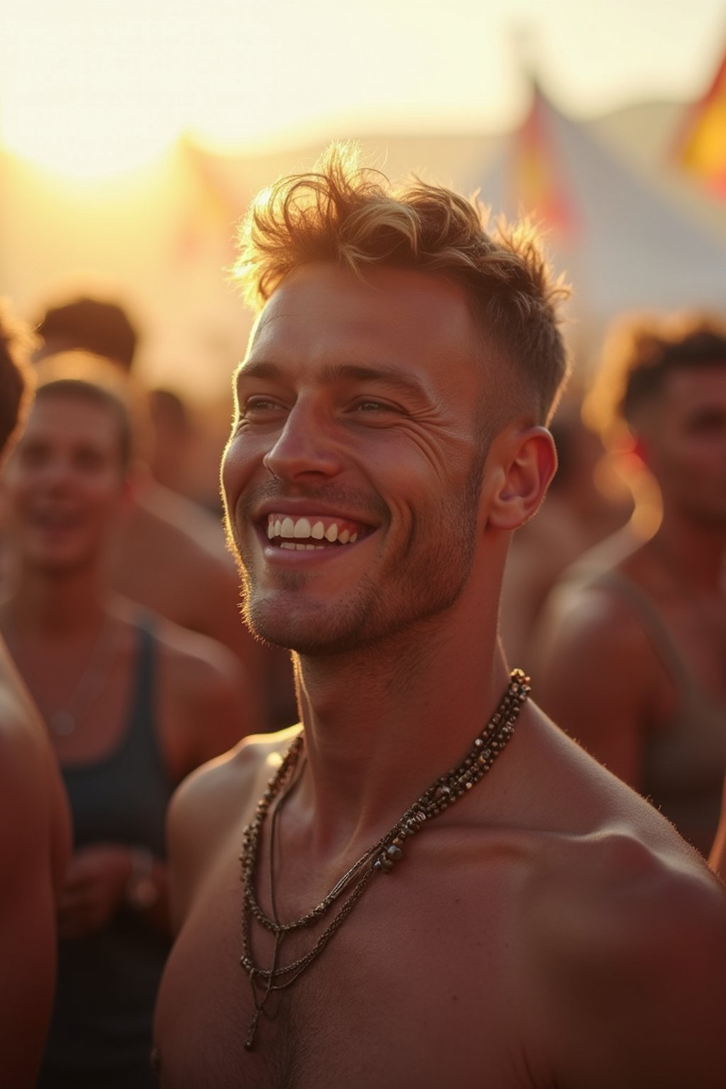 a stunning man surrounded by  a crowd of fellow festival-goers, capturing the sense of community and celebration at the festival