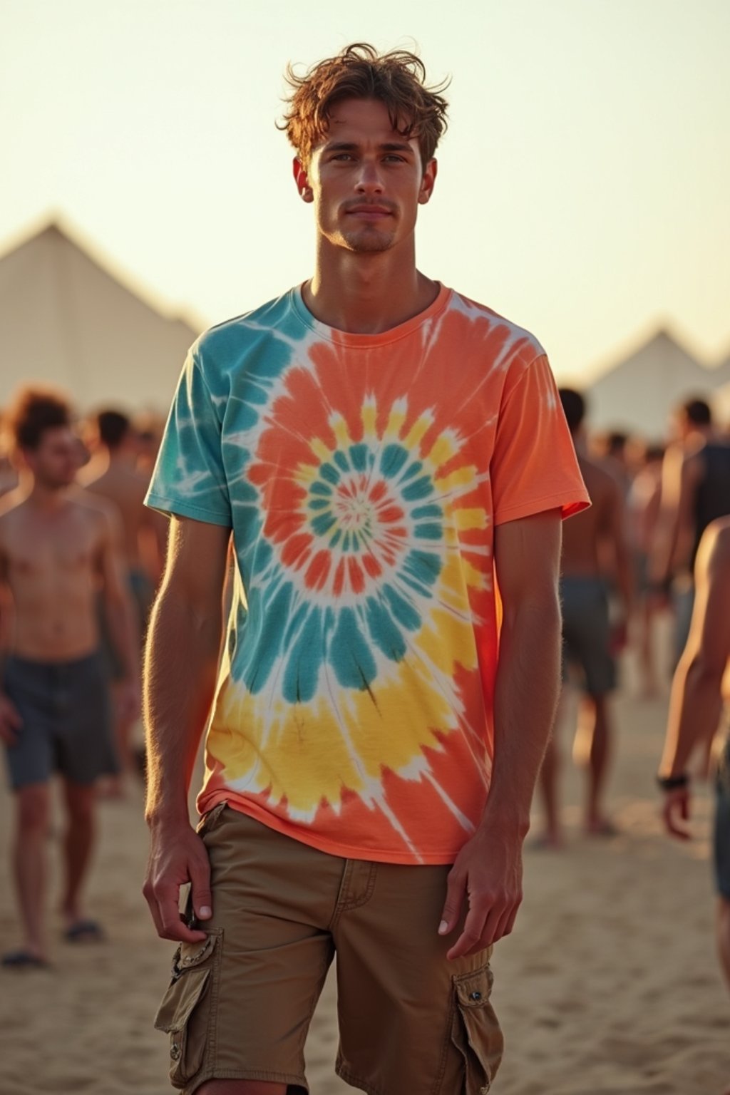 a man in  a tie-dye t-shirt and cargo shorts, embodying the DIY and personalization culture of music festivals