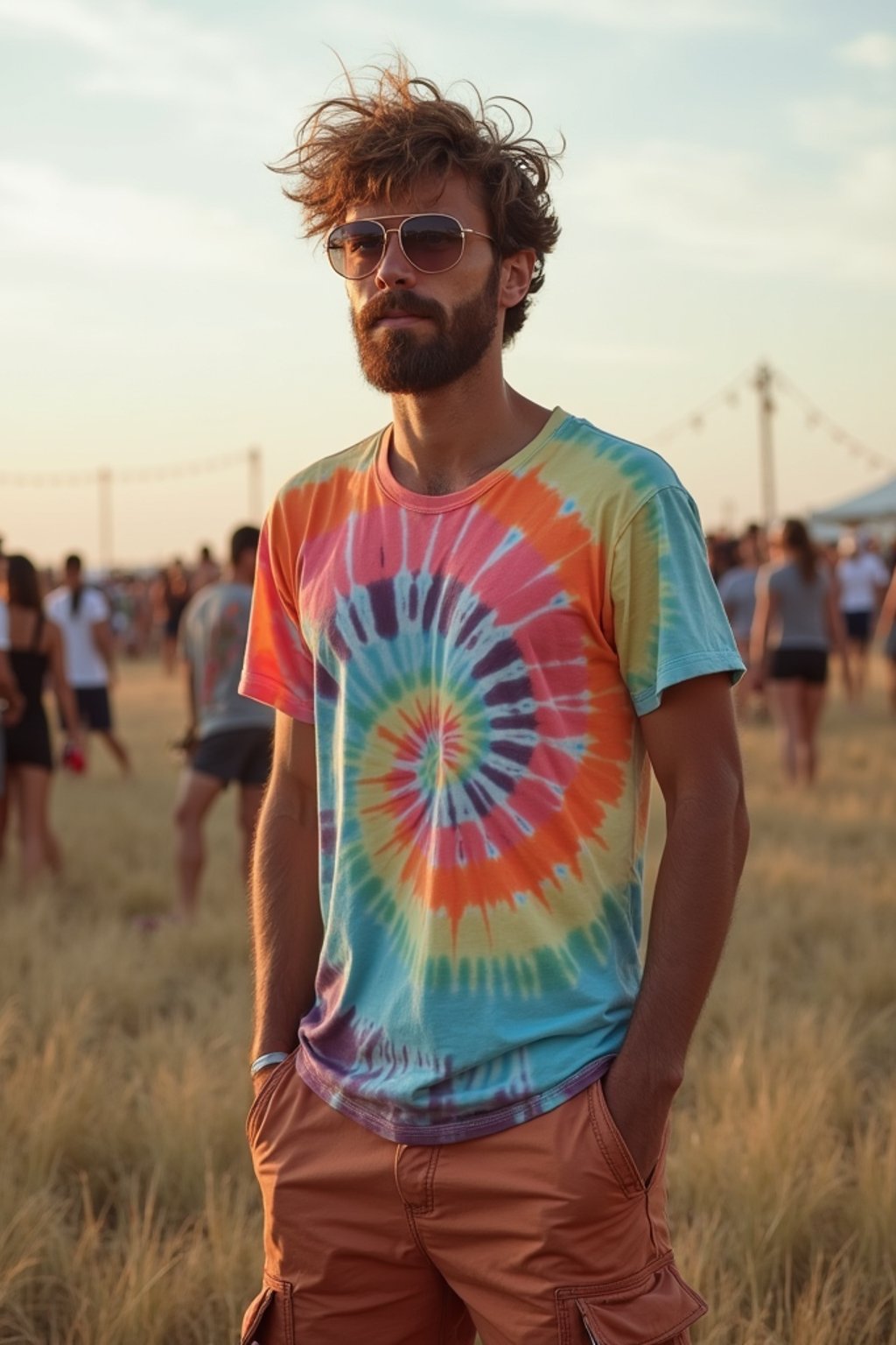 a man in  a tie-dye t-shirt and cargo shorts, embodying the DIY and personalization culture of music festivals