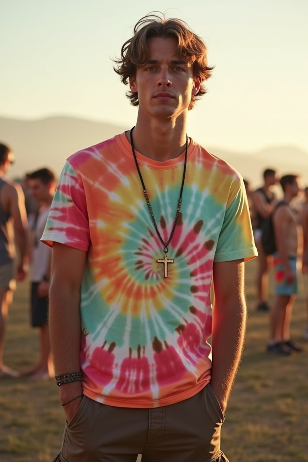 a man in  a tie-dye t-shirt and cargo shorts, embodying the DIY and personalization culture of music festivals