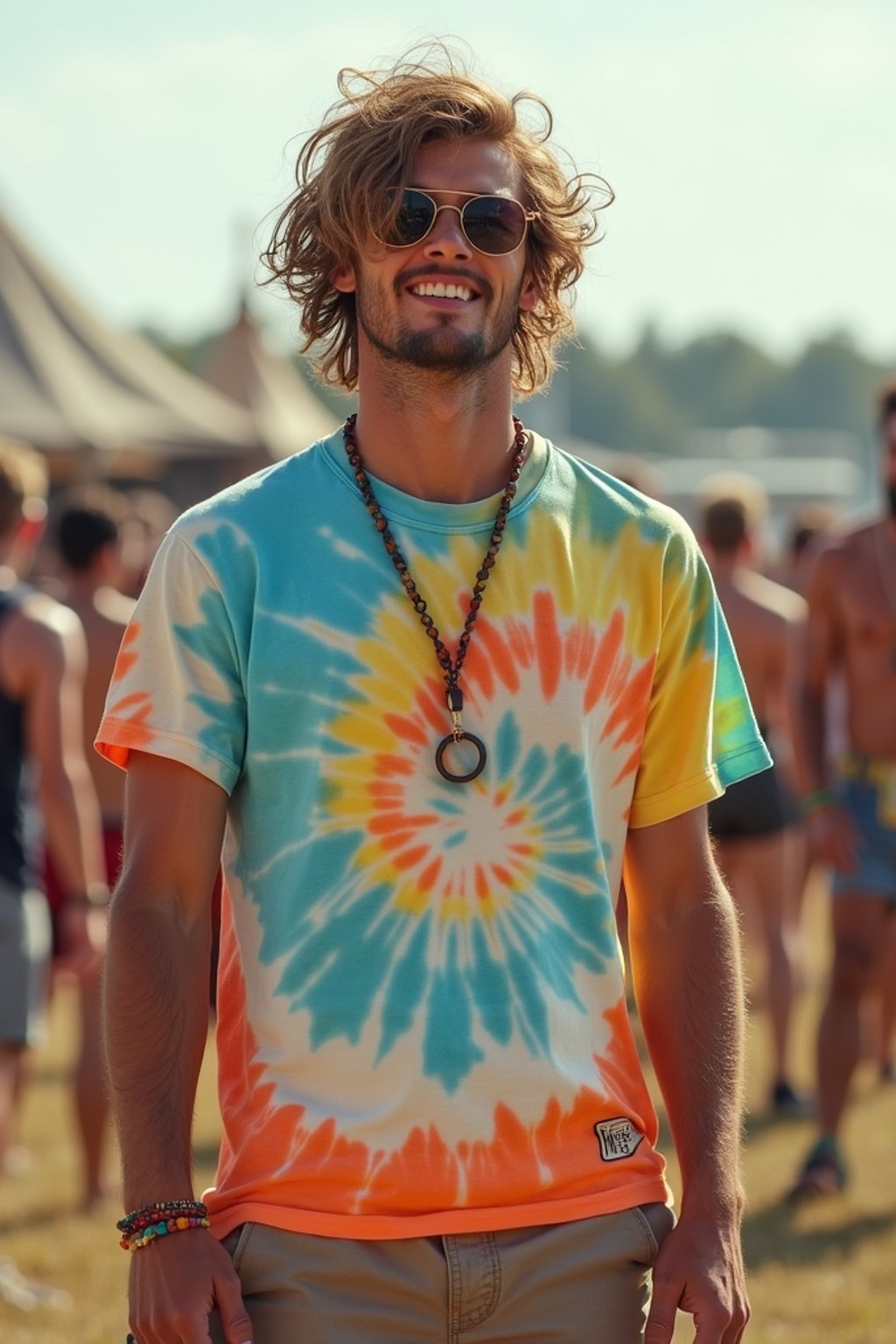 a man in  a tie-dye t-shirt and cargo shorts, embodying the DIY and personalization culture of music festivals