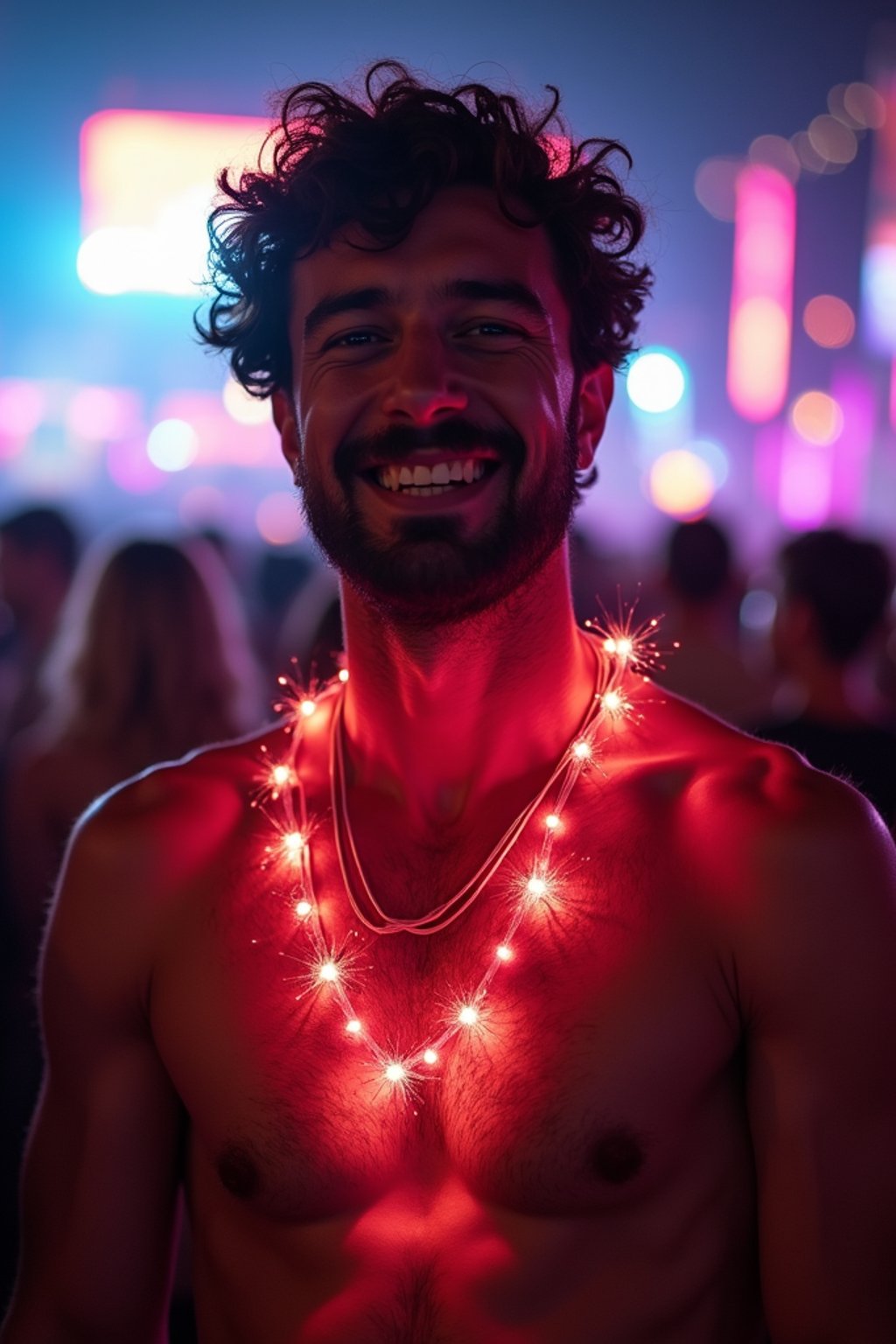 a man with  glowing LED accessories, standing out in the crowd and embracing the festival's vibrant atmosphere