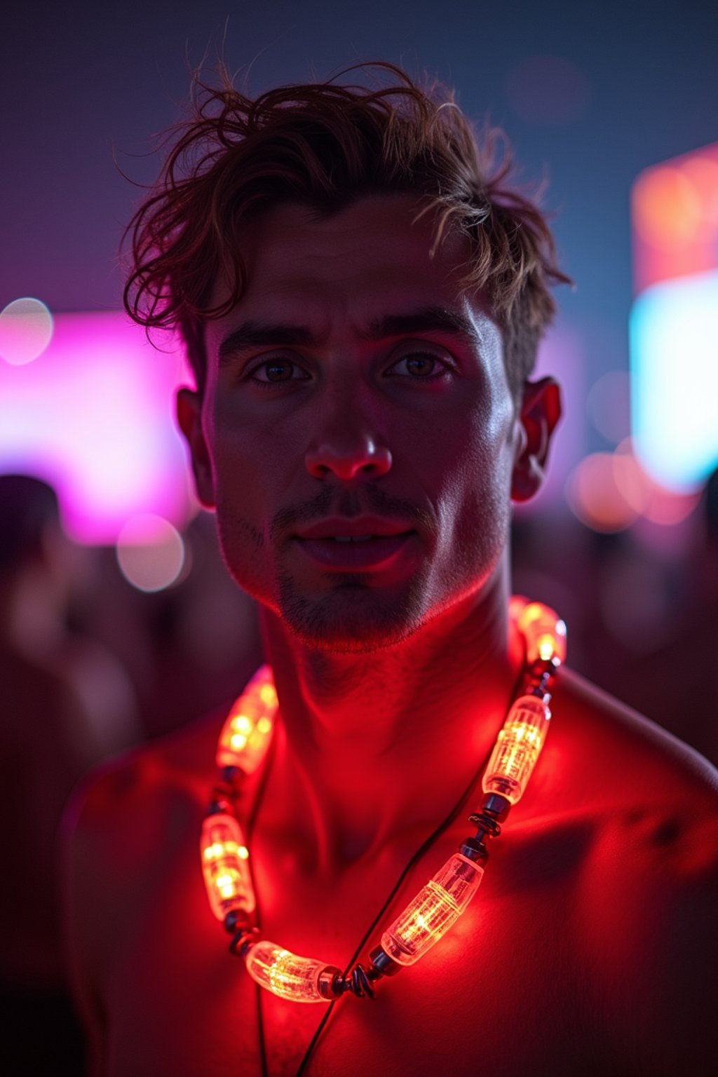 a man with  glowing LED accessories, standing out in the crowd and embracing the festival's vibrant atmosphere