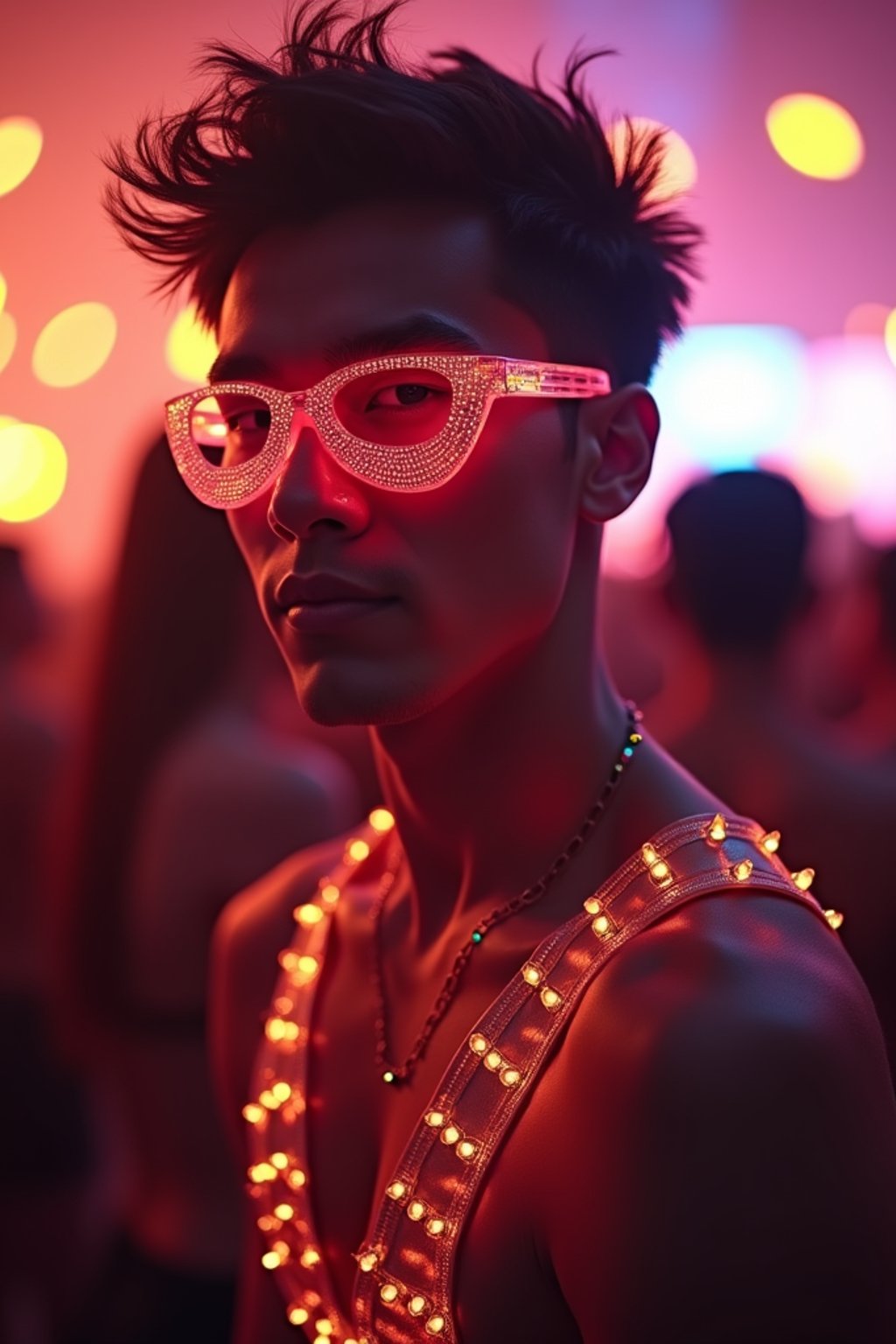 a man with  glowing LED accessories, standing out in the crowd and embracing the festival's vibrant atmosphere