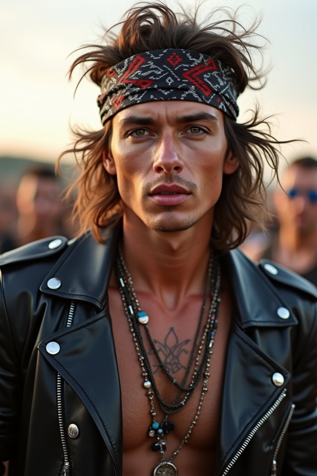 a stunning man in  a leather jacket and bandana, embodying the fusion of bohemian and rock n roll styles at the festival