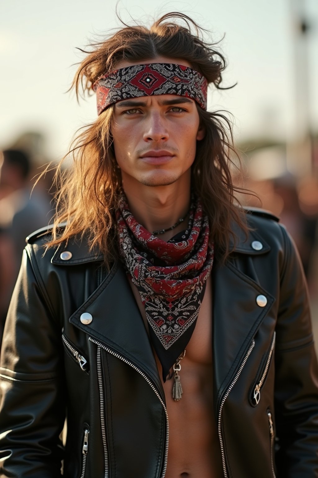 a stunning man in  a leather jacket and bandana, embodying the fusion of bohemian and rock n roll styles at the festival