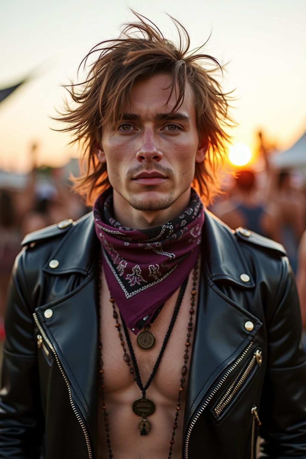 a stunning man in  a leather jacket and bandana, embodying the fusion of bohemian and rock n roll styles at the festival