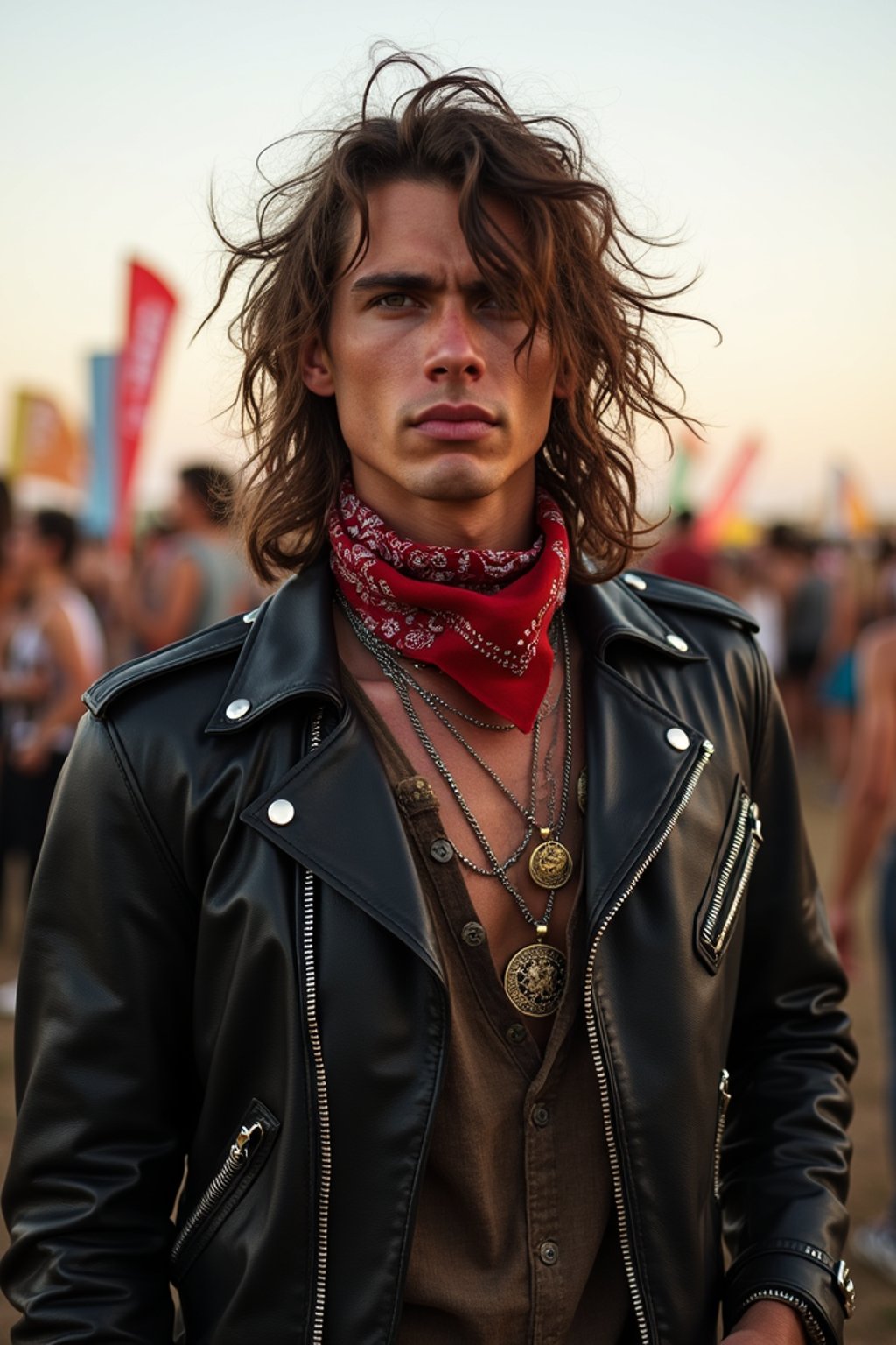 a stunning man in  a leather jacket and bandana, embodying the fusion of bohemian and rock n roll styles at the festival