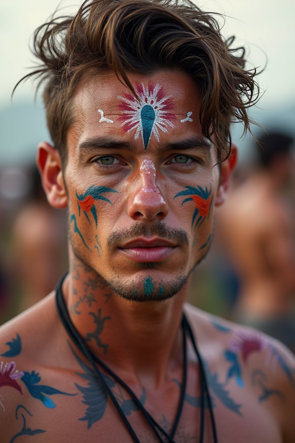 a man with  bold face and body art, capturing the artistic and expressive side of the music festival experience