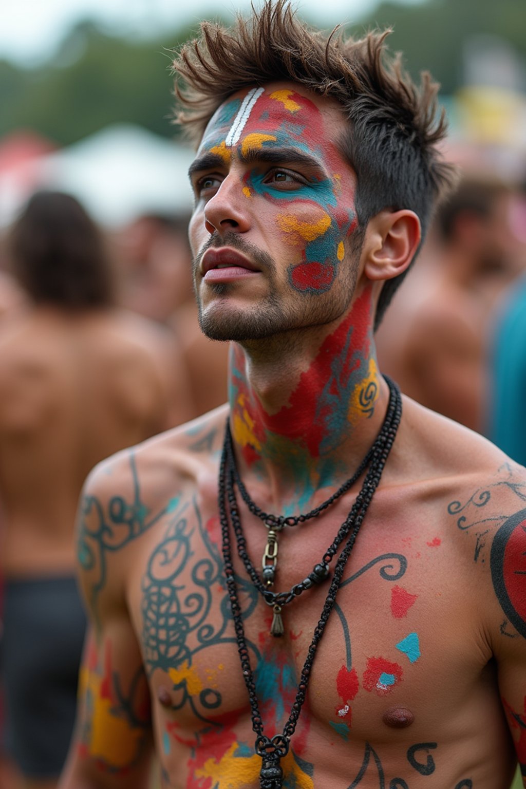 a man with  bold face and body art, capturing the artistic and expressive side of the music festival experience