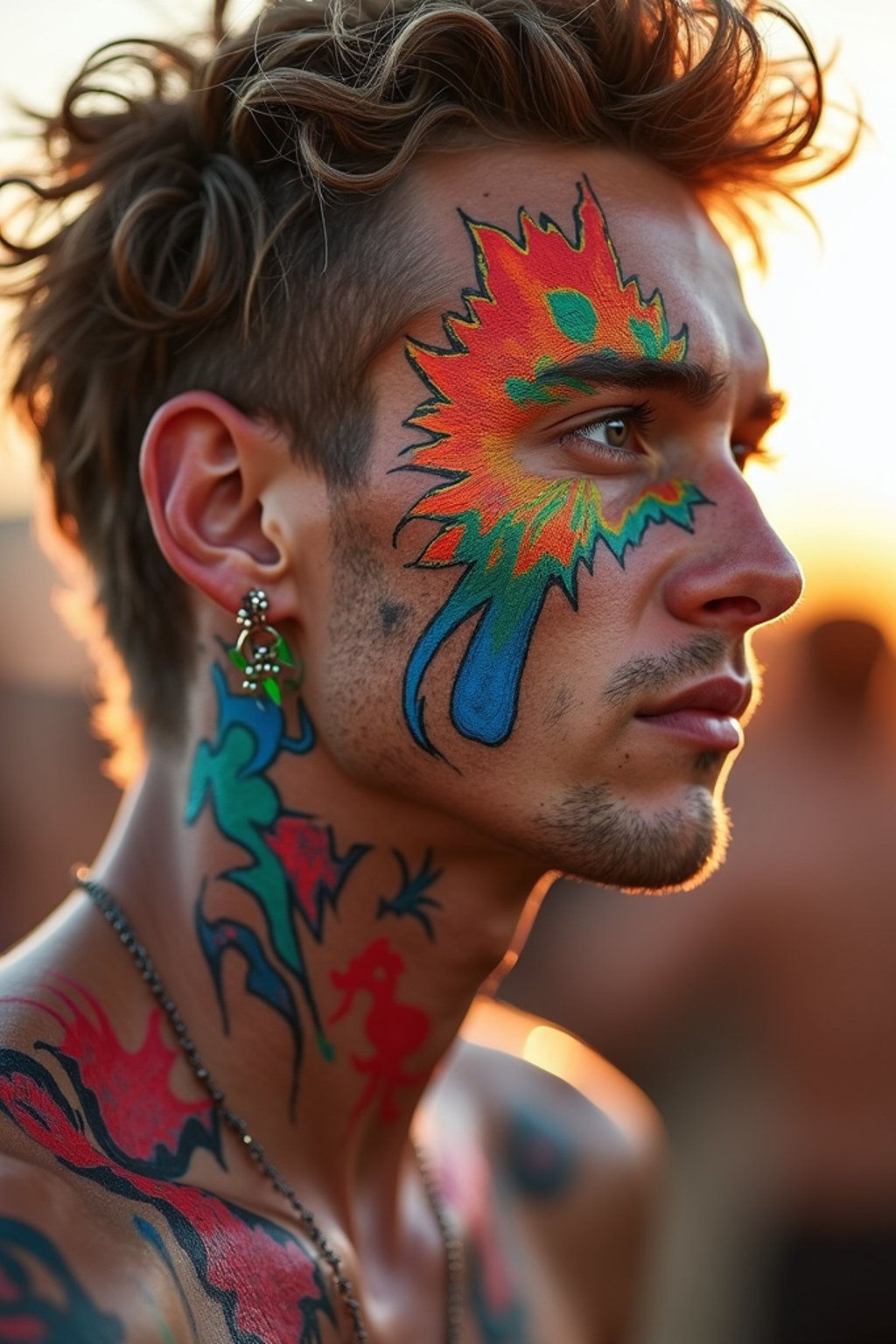 a man with  bold face and body art, capturing the artistic and expressive side of the music festival experience