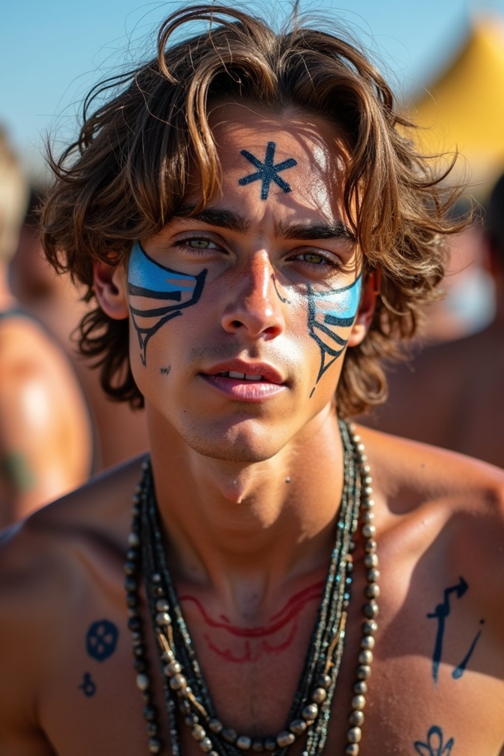 a man with  bold face and body art, capturing the artistic and expressive side of the music festival experience