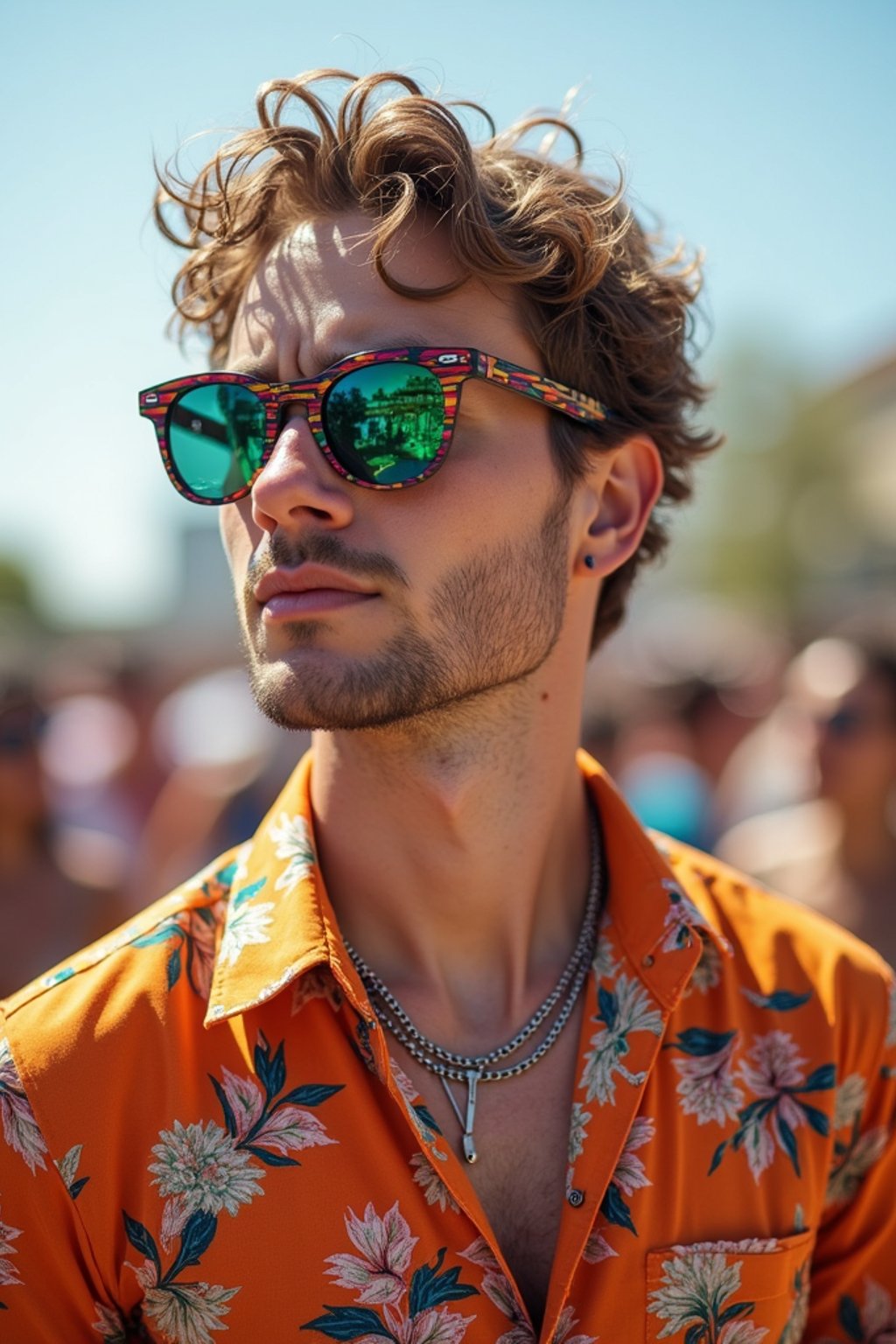 a stunning man in  a vibrant button-up shirt and funky sunglasses, capturing their eclectic and fashionable festival look