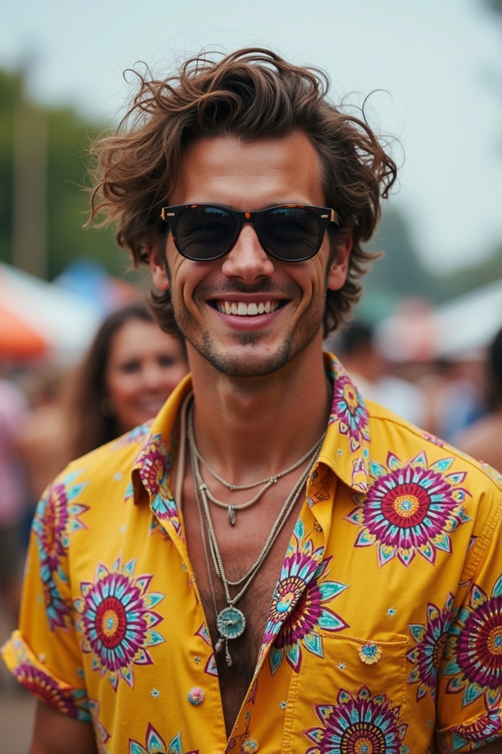 a stunning man in  a vibrant button-up shirt and funky sunglasses, capturing their eclectic and fashionable festival look