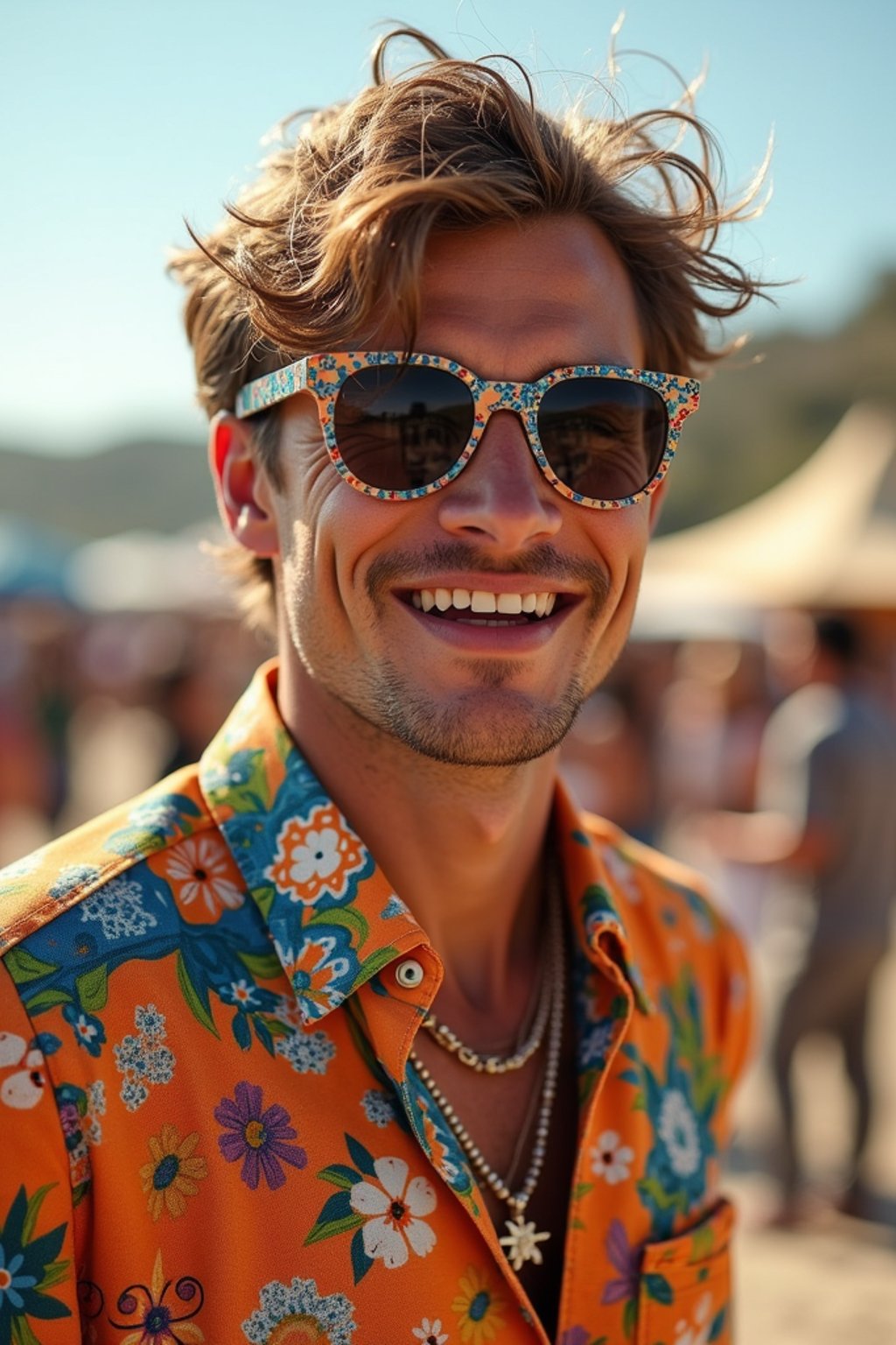 a stunning man in  a vibrant button-up shirt and funky sunglasses, capturing their eclectic and fashionable festival look