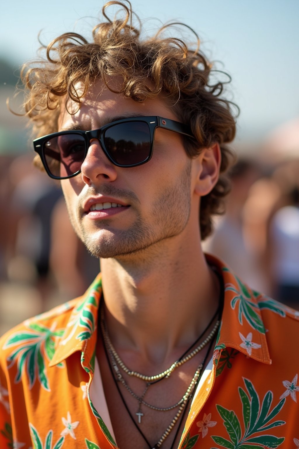 a stunning man in  a vibrant button-up shirt and funky sunglasses, capturing their eclectic and fashionable festival look