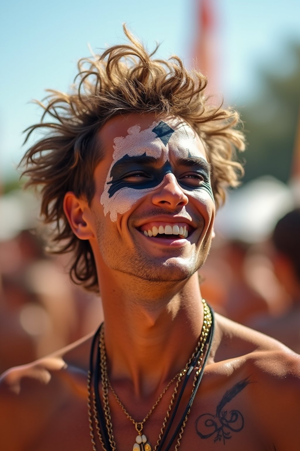 a man enjoying a live performance on a sunny day, with  a bold face paint design, radiating the joy and excitement of the festival