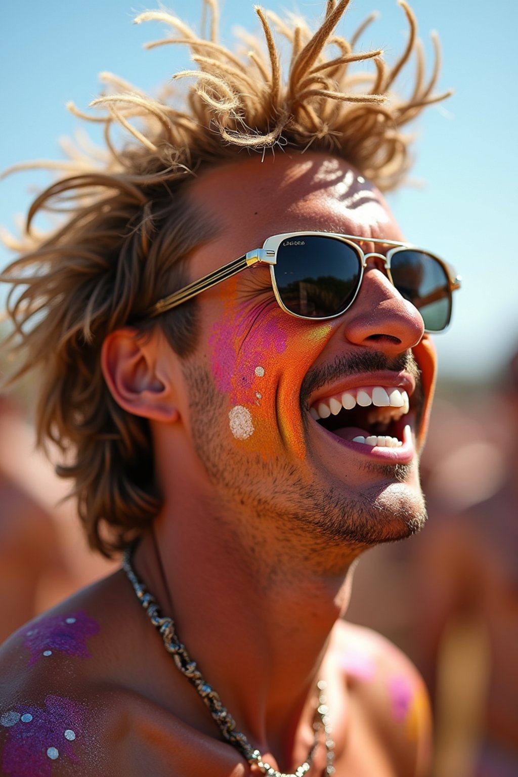 a man enjoying a live performance on a sunny day, with  a bold face paint design, radiating the joy and excitement of the festival