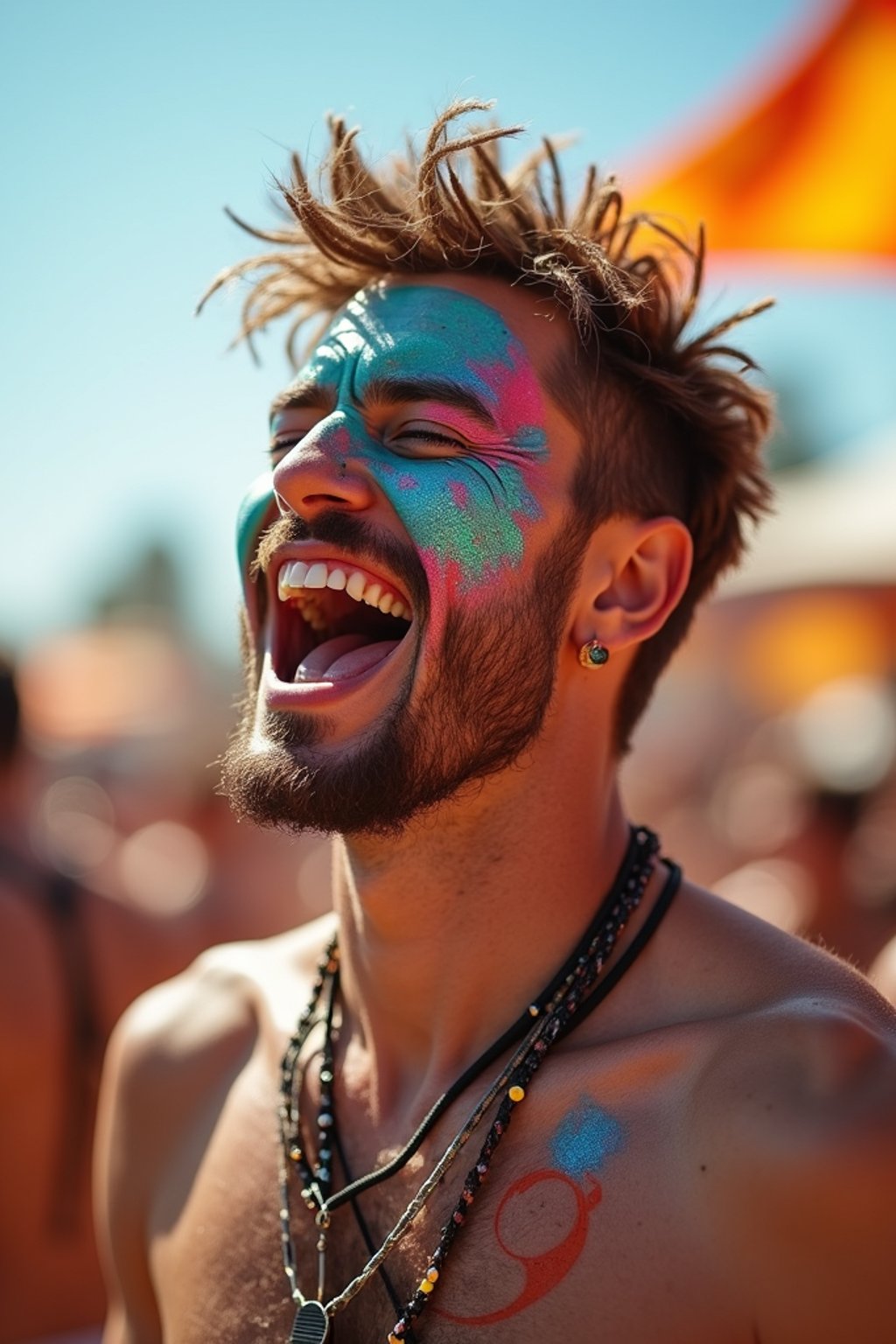 a man enjoying a live performance on a sunny day, with  a bold face paint design, radiating the joy and excitement of the festival