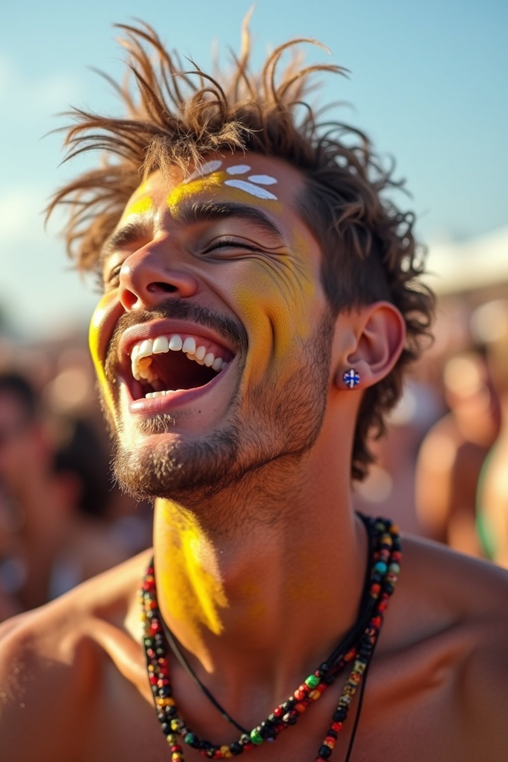 a man enjoying a live performance on a sunny day, with  a bold face paint design, radiating the joy and excitement of the festival